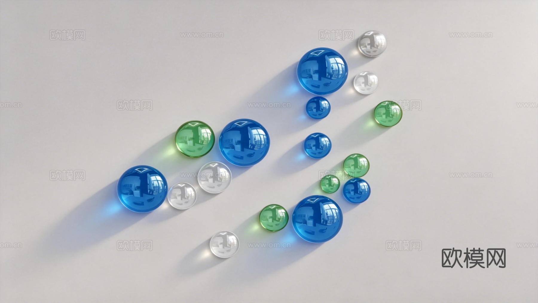 现代墙面装置 写实蓝色透明玻璃球 高光反射su模型