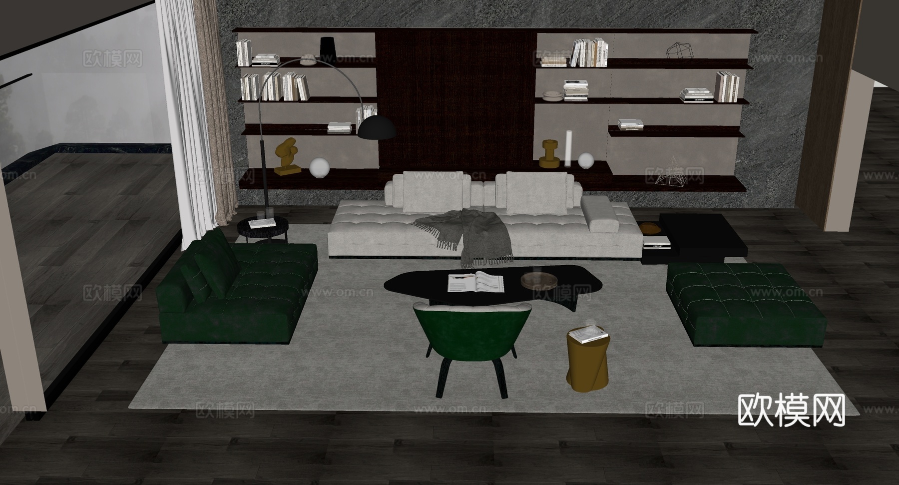 现代简约白绿配色客厅 含异形茶几 整墙书架 沙发组合su模型