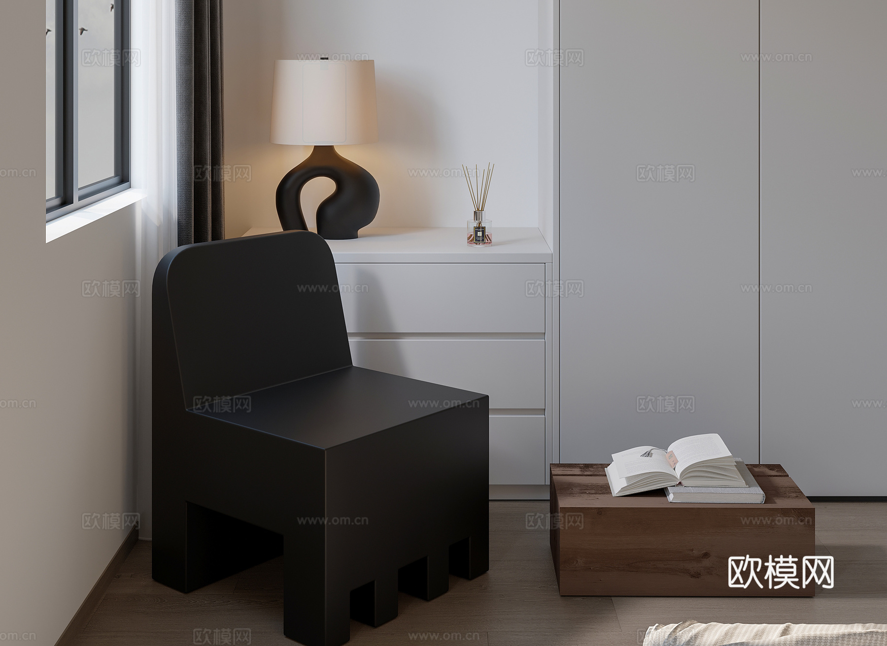 现代黑白灰卧室儿童房3d模型