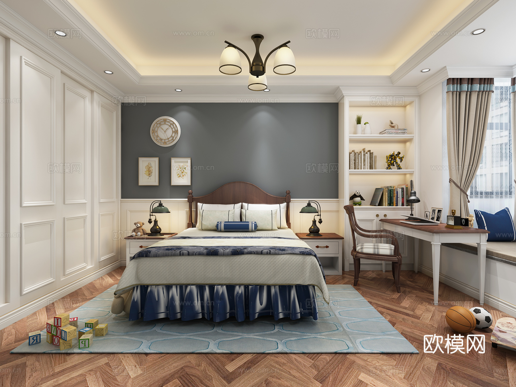 欧式简约儿童房 单人床 床头柜 吊灯 书桌椅 玩具3d模型