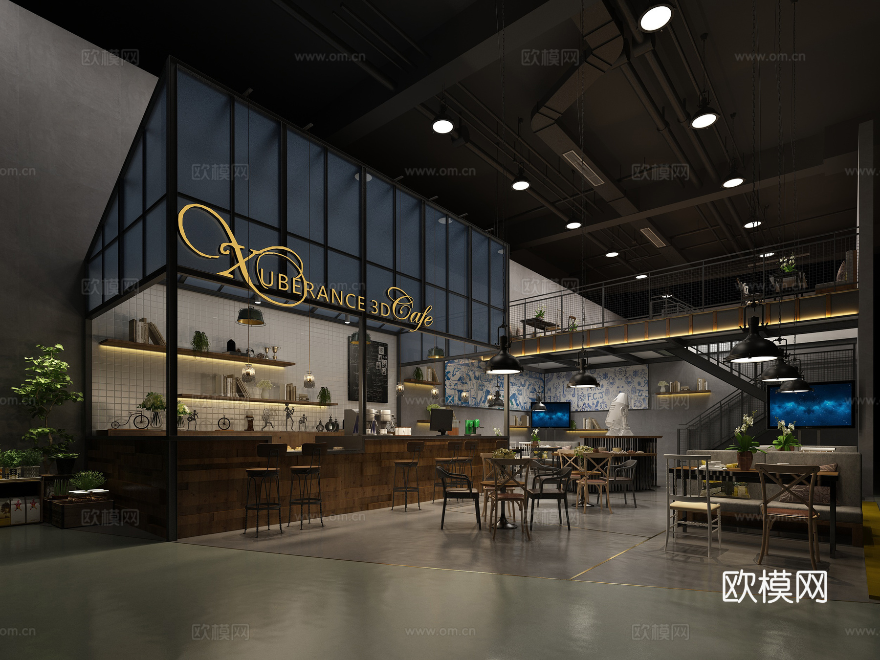 工业风 咖啡厅 植物 吧椅 单椅 黑板 电视 矿灯 管道3d模型下载（渲染图1）