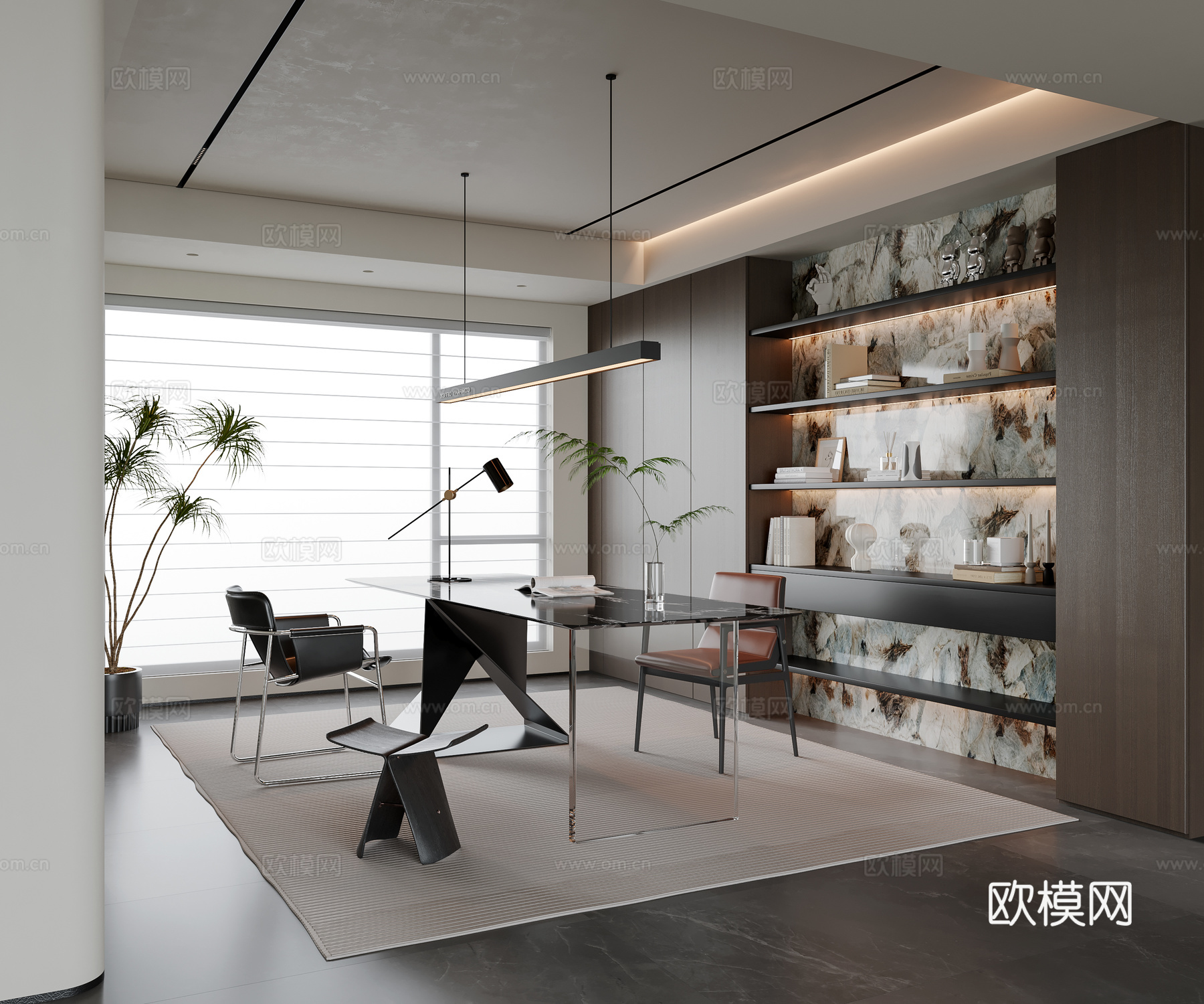 现代意式书房 书桌椅 吊灯 书柜 装饰柜 饰品摆件3d模型下载