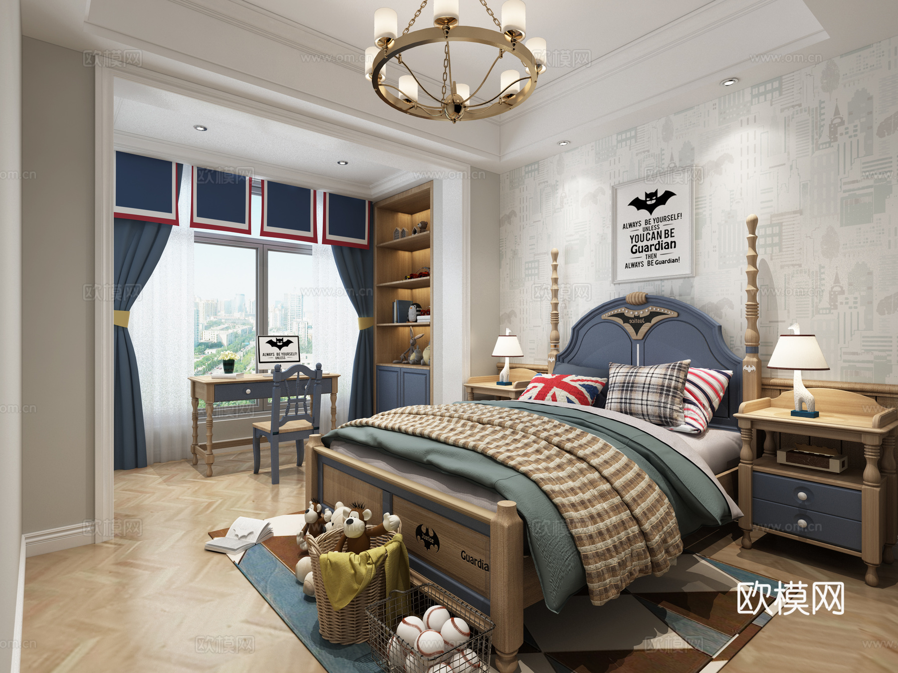 现代主卧 儿童房 吊灯 床 书桌3d模型