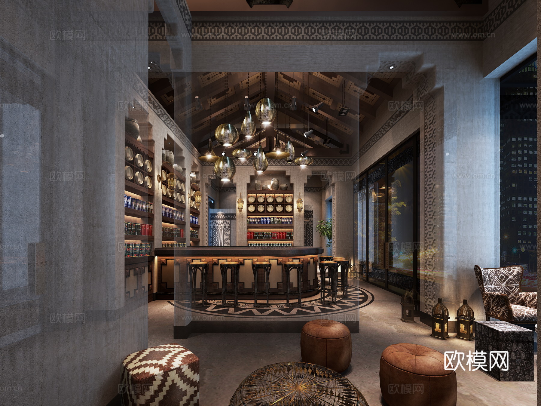 美式咖啡厅 休闲椅 茶几 吊灯 多人沙发 前台3d模型