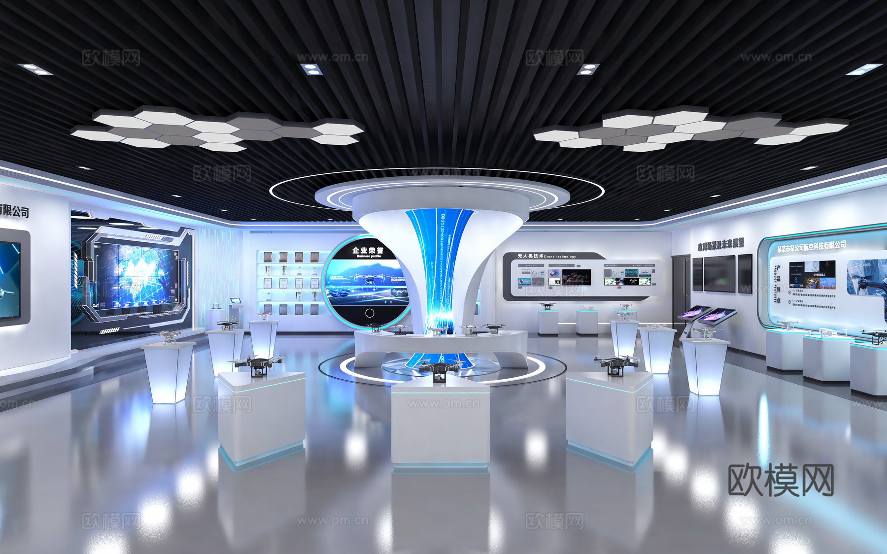 现代无人机展厅 科技展厅展览 企业展厅 无人机展馆 无人机展3d模型下载（渲染图2）