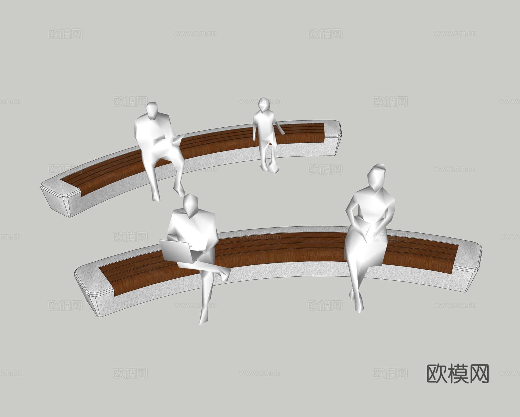 现代弧形坐凳 长椅 公园花园椅 石材柚木椅su模型