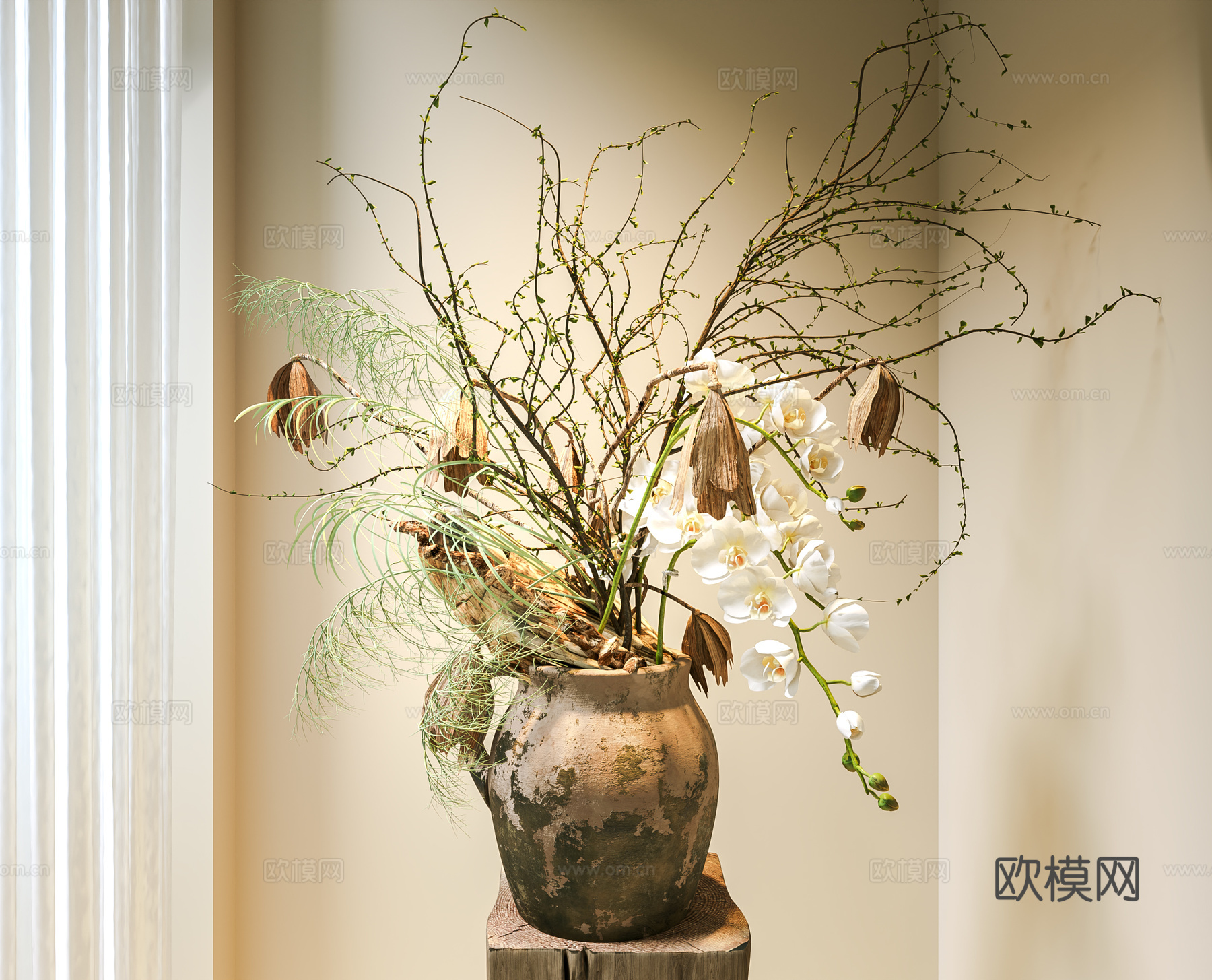 花瓶 中古花艺盆景 陶罐花瓶 干枝花艺 装饰摆件 花 现代花su模型