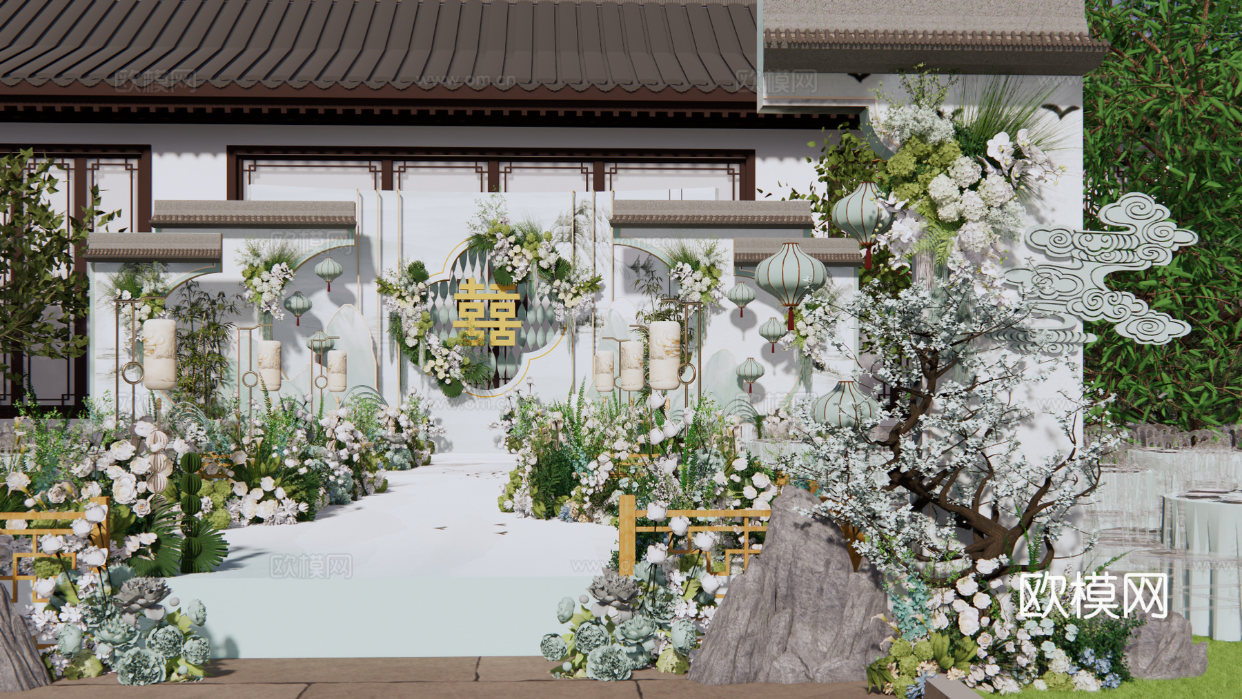 小众青绿色新中式婚礼花艺美陈su模型