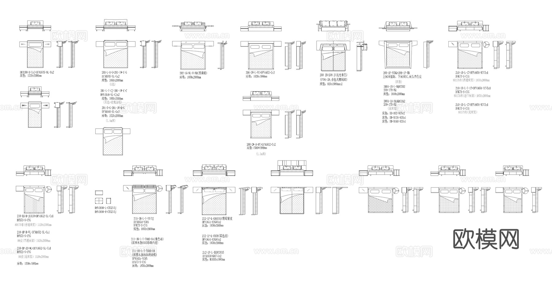 床具（双人床、单人床、床头柜）cad施工图