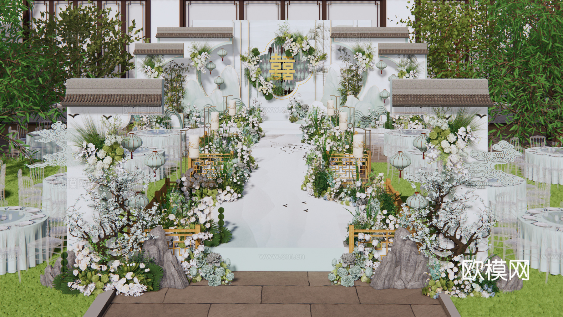 小众青绿色新中式婚礼花艺美陈su模型