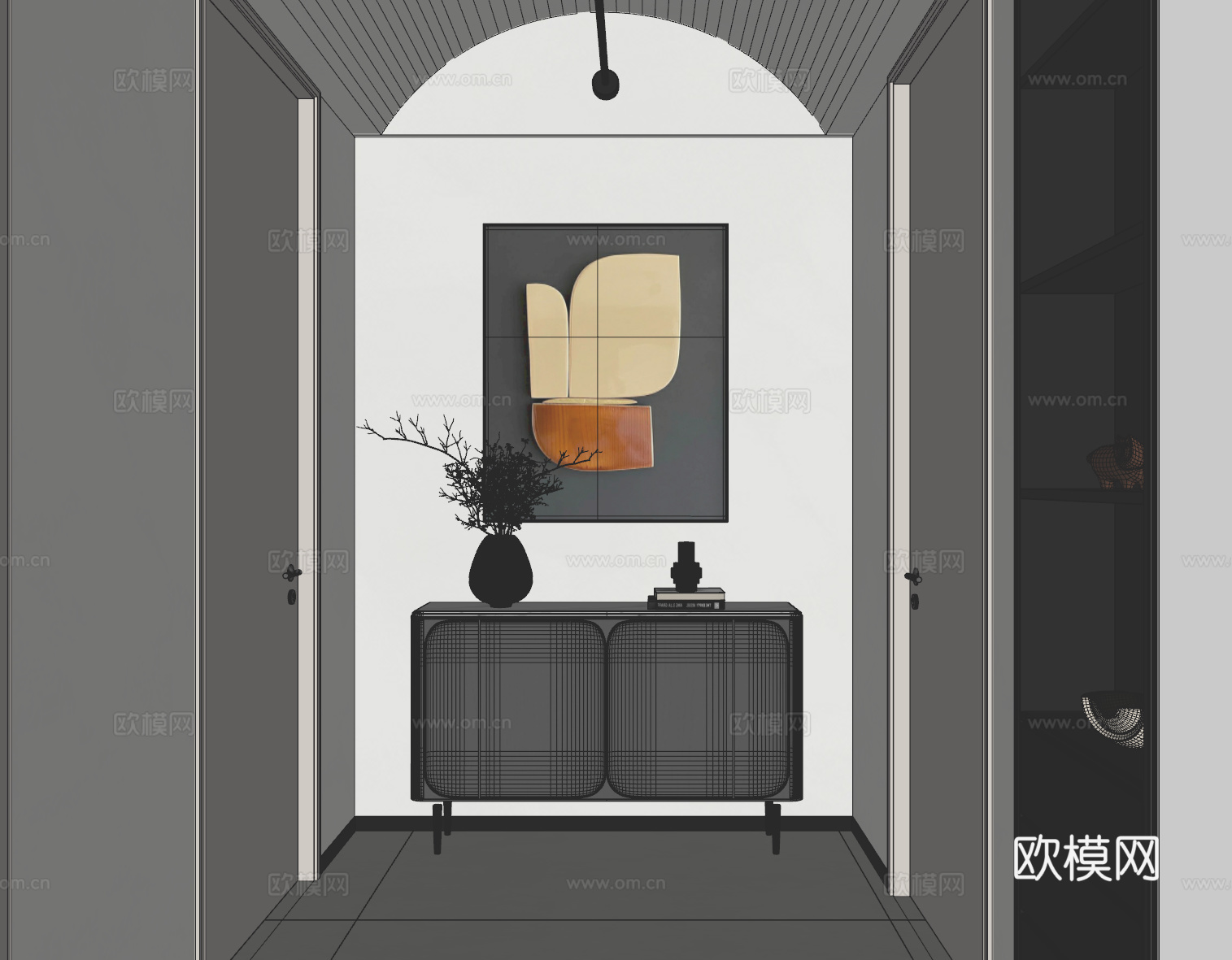 现代黑白灰玄关过道背景墙装饰柜su模型