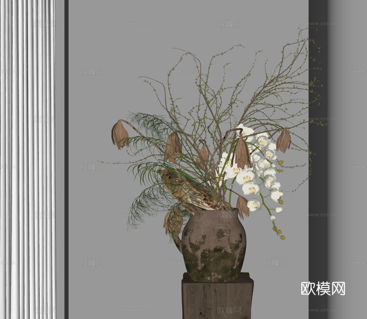 花瓶 中古花艺盆景 陶罐花瓶 干枝花艺 装饰摆件 花 现代花su模型