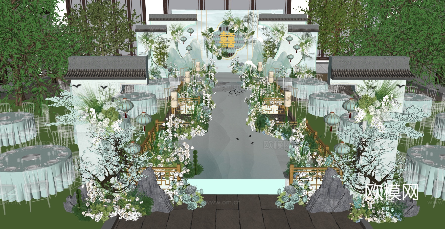 小众青绿色新中式婚礼花艺美陈su模型