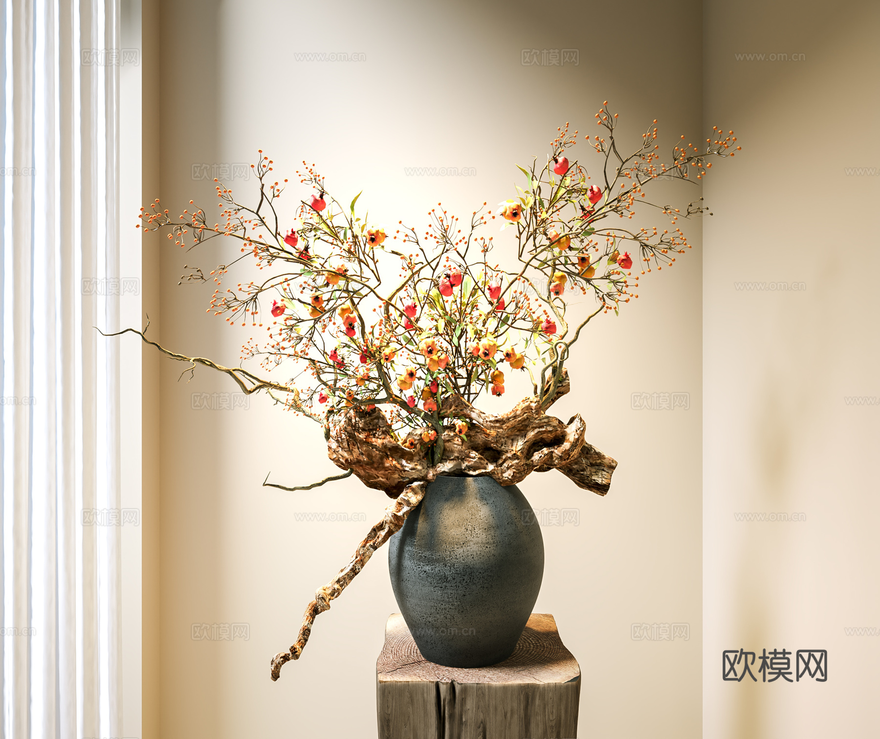 花瓶 中古花艺盆景 陶罐花瓶 干枝花艺 装饰摆件 花 现代花su模型