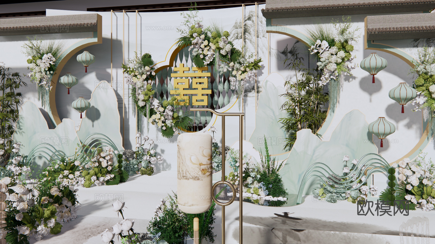 小众青绿色新中式婚礼花艺美陈su模型