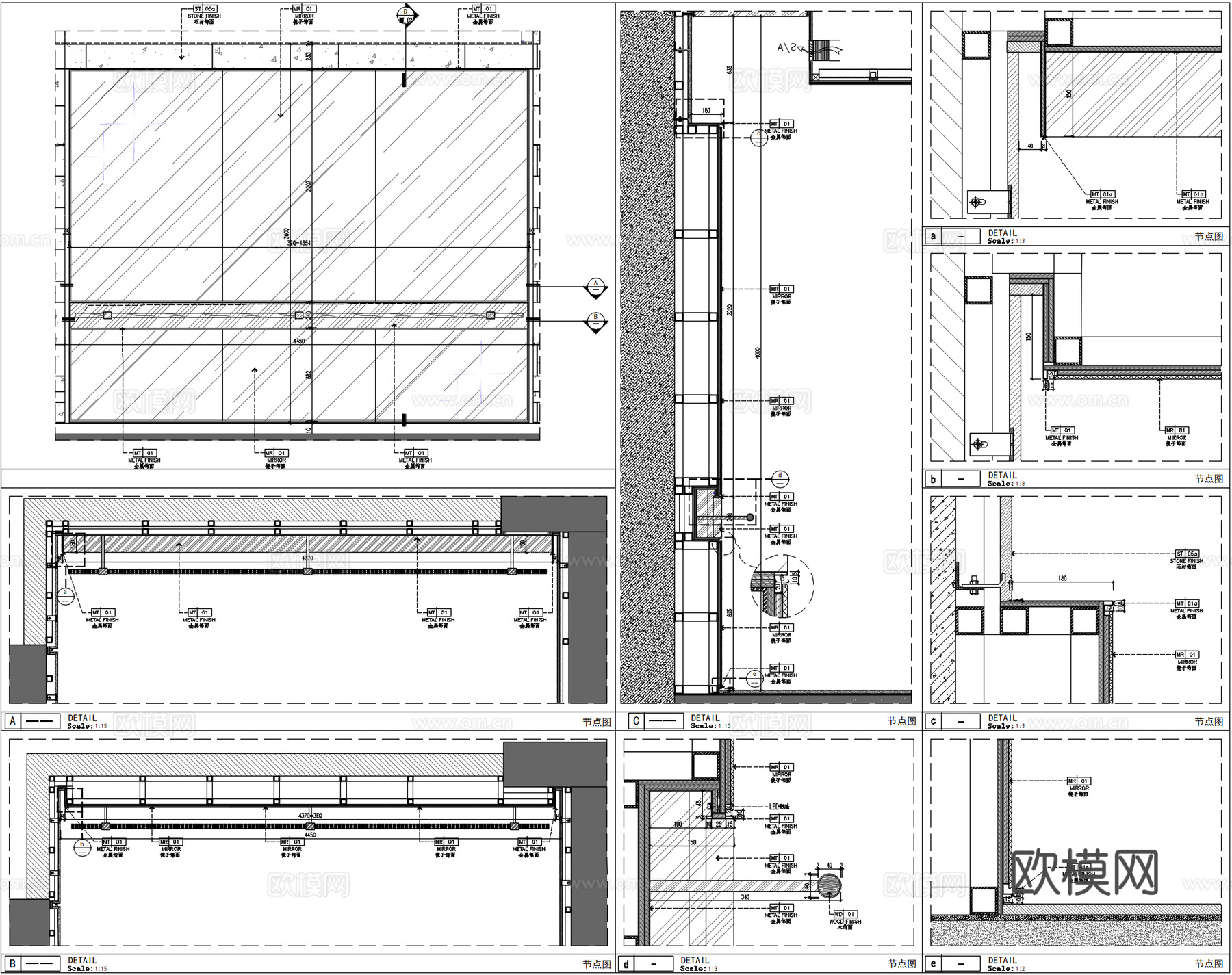 瑜伽房全身镜、家庭健身房镜子、舞蹈室大镜子、瑜伽馆镜子、健身cad施工图