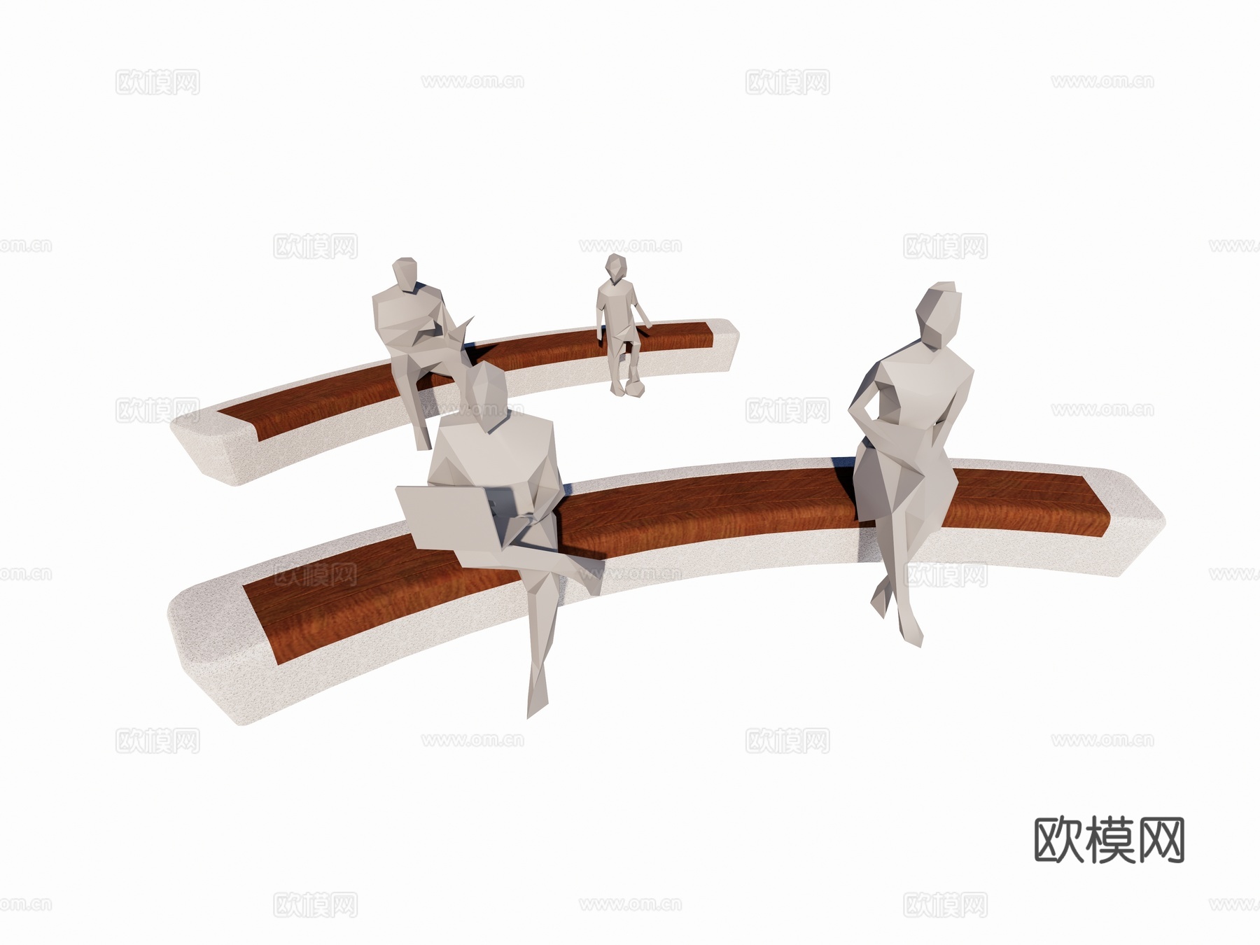 现代弧形坐凳 长椅 公园花园椅 石材柚木椅su模型