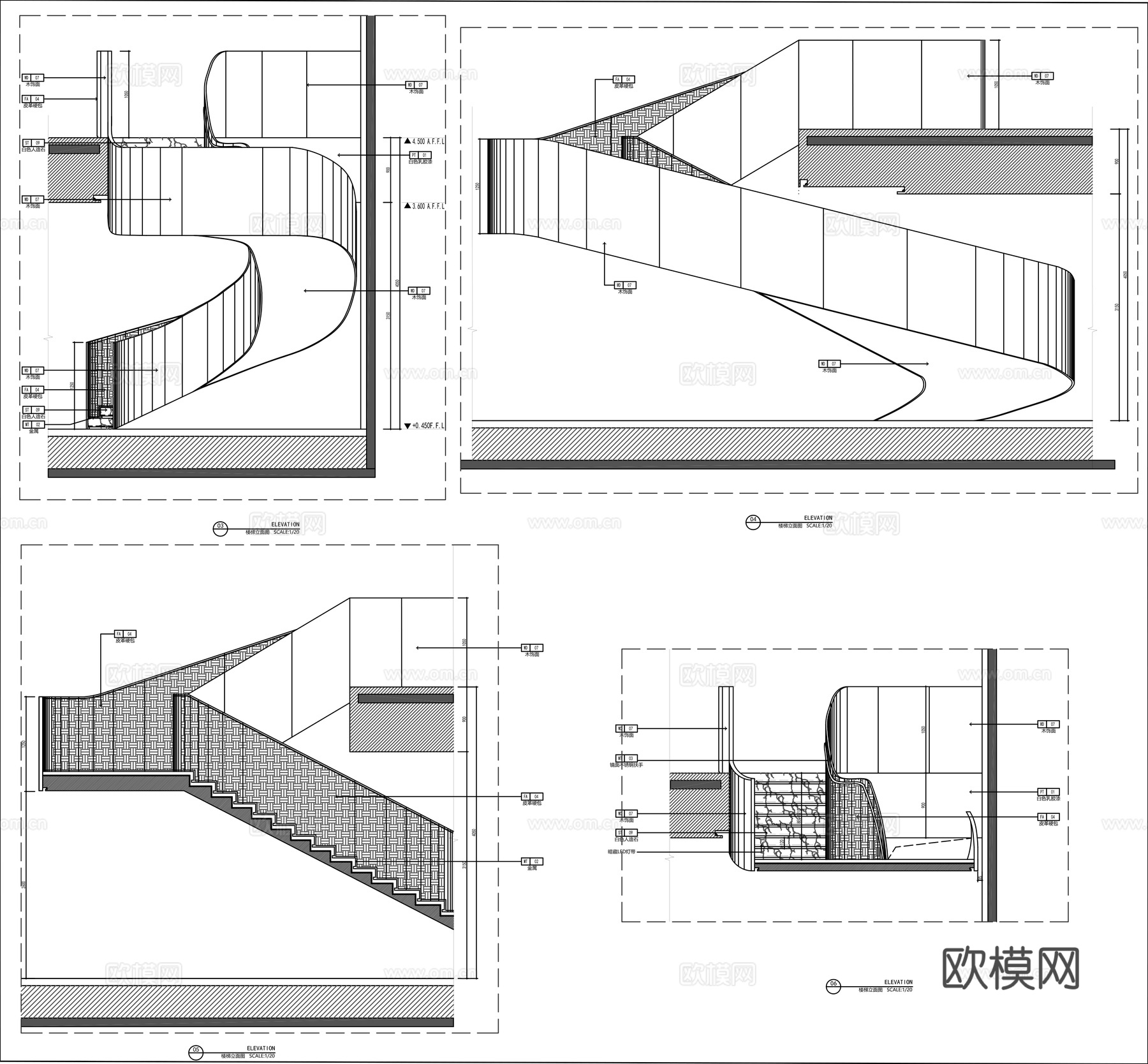 楼梯节点 旋转楼梯 扶手楼梯 楼梯踏步cad施工图下载（渲染图2）