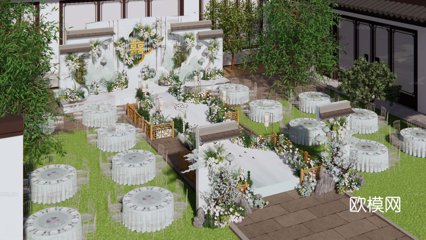 小众青绿色新中式婚礼花艺美陈su模型