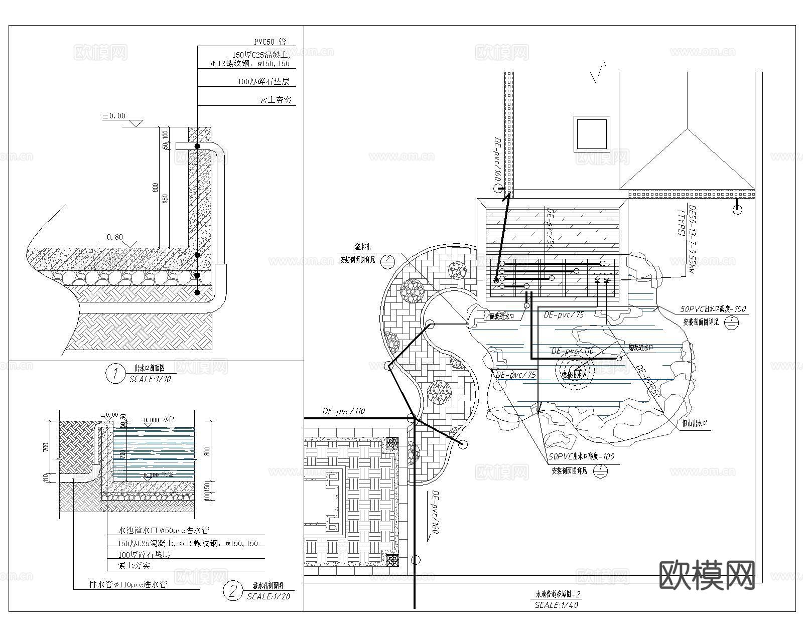 庭院户外鱼池景观水池锦鲤过滤cad施工图下载（渲染图8）