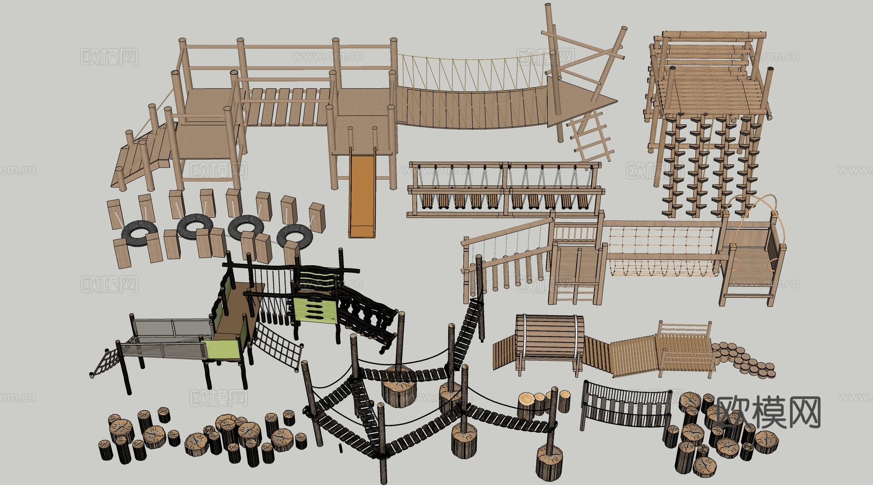 现代户外儿童游乐设施 无动力游乐设施 乡村研学游乐设施su模型