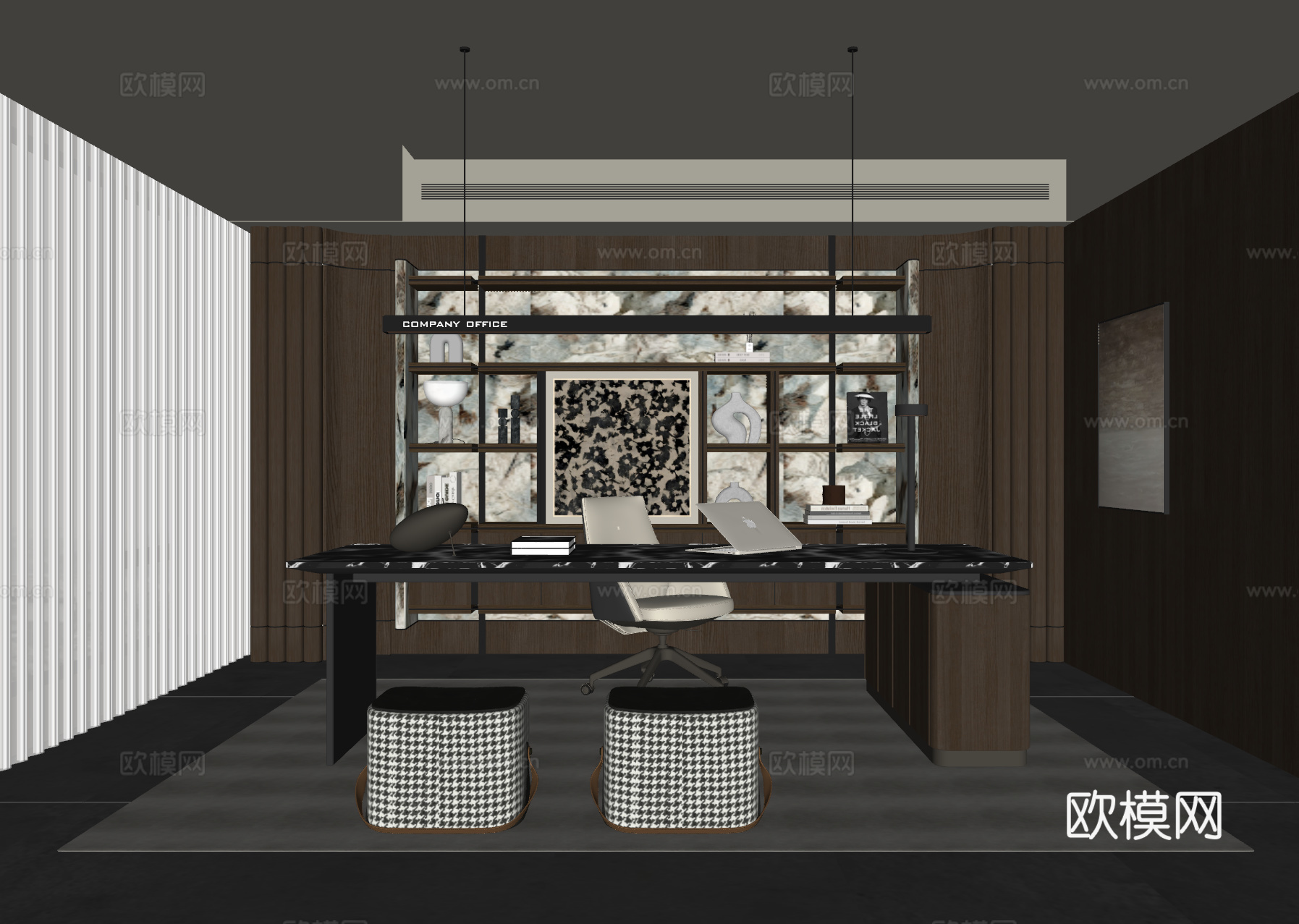 现代意式书房 书桌椅 吊灯 书柜 装饰柜 饰品摆件su模型