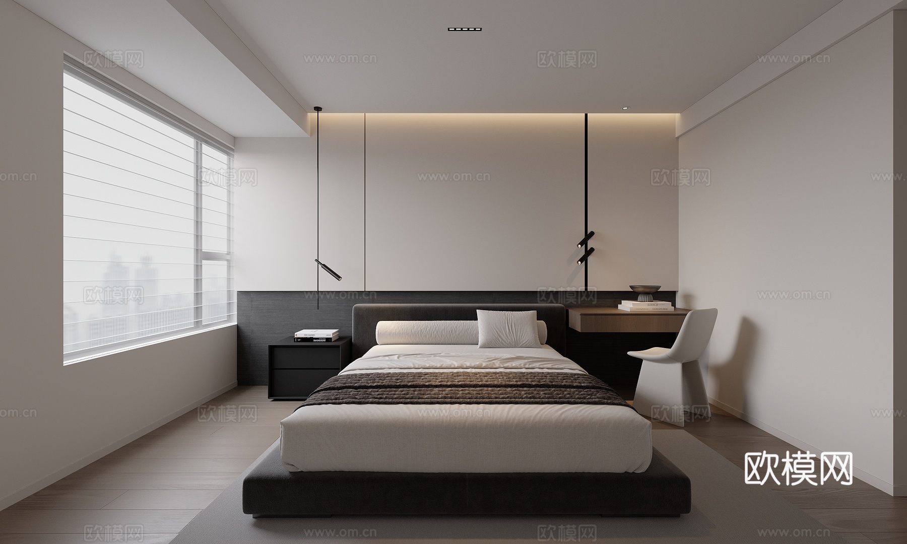 现代极简黑白灰卧室3d模型
