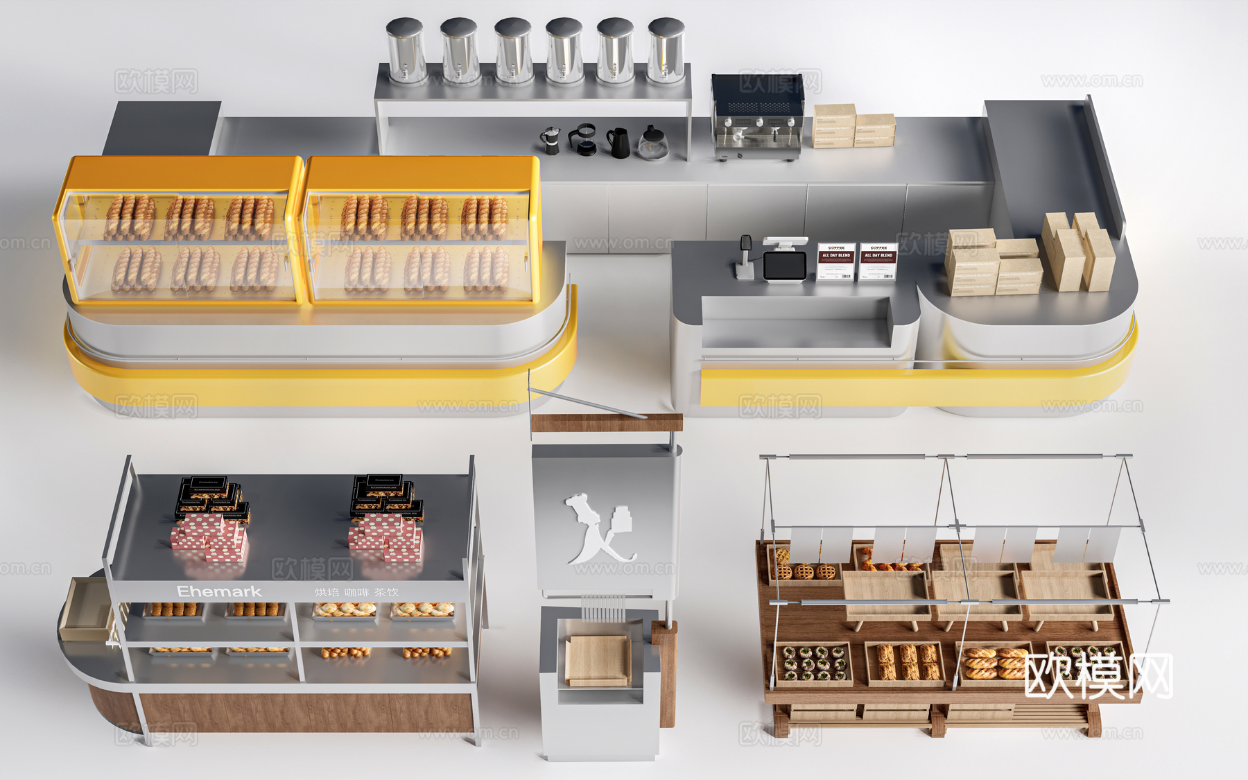 现代咖啡吧台 甜品店货架 收银台 服务台su模型