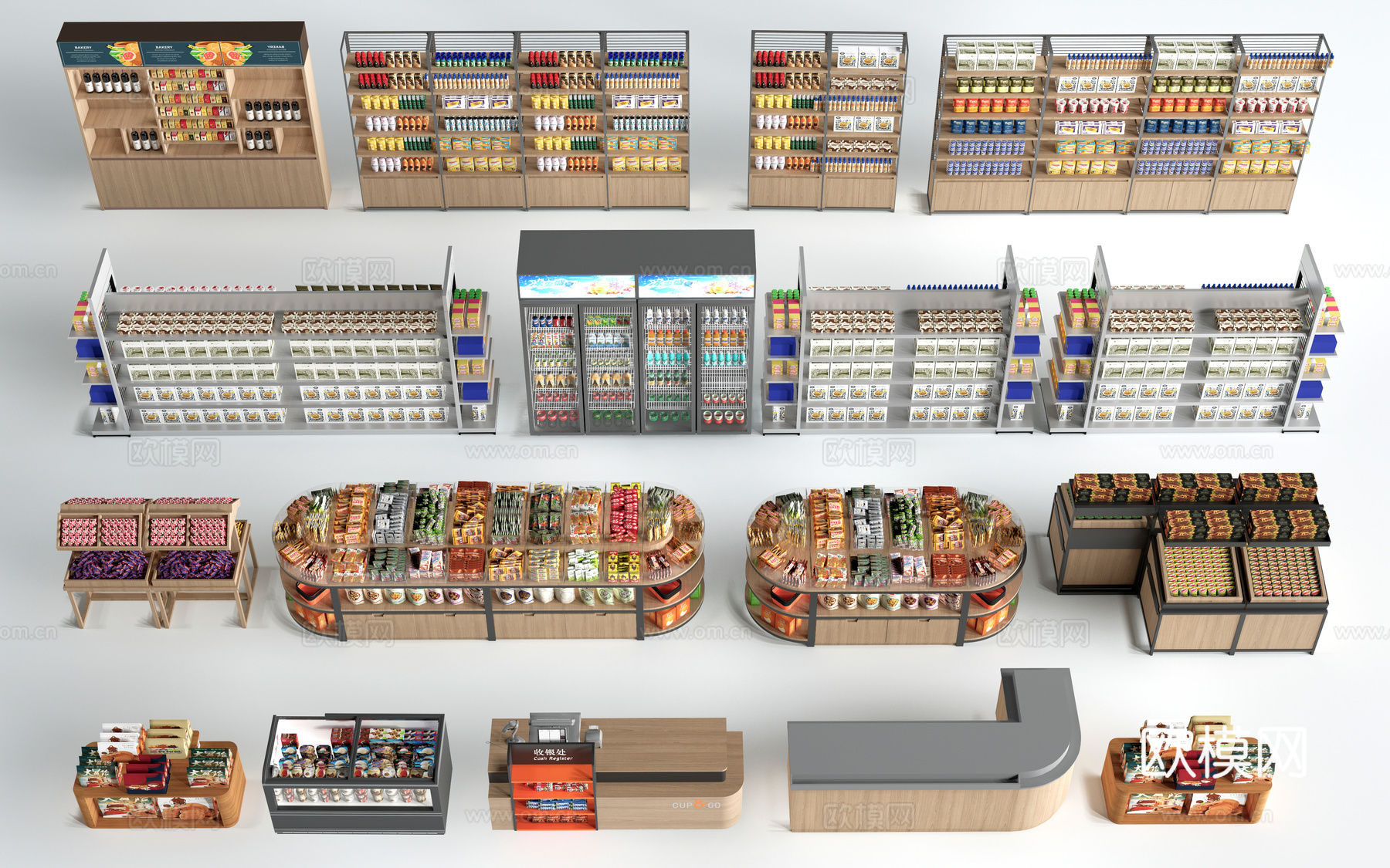 现代超市货架 零食店货架 置物架 文创展架su模型