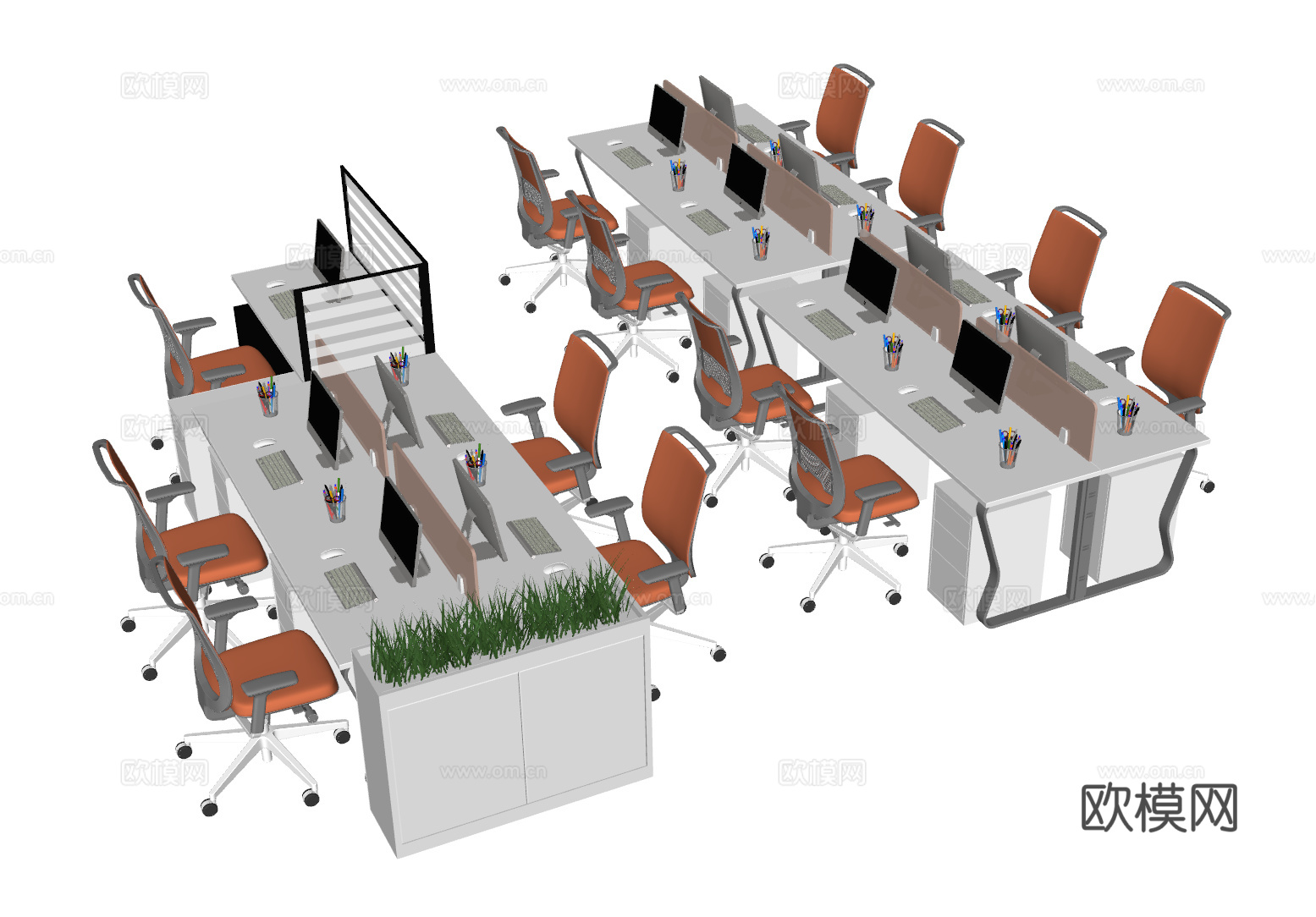 现代办公桌椅 职员工位 电脑桌椅 公共办公桌椅组合su模型