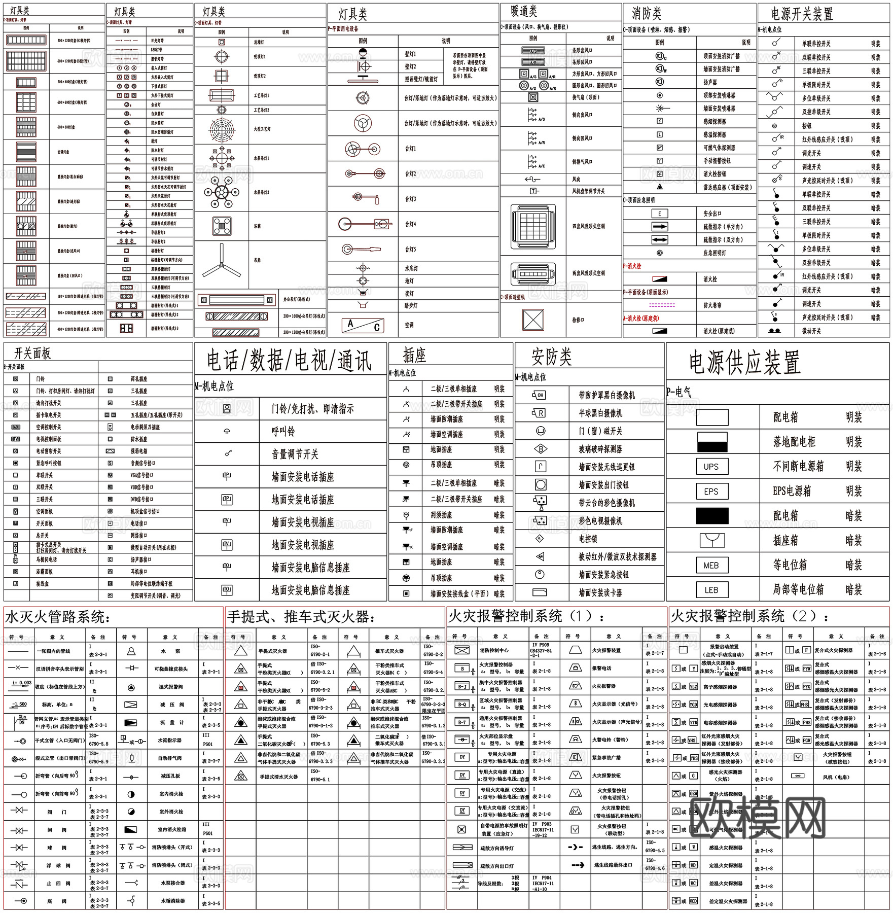 灯具图例消防图例开关插座图例符号填充图例CAD素材图库cad施工图