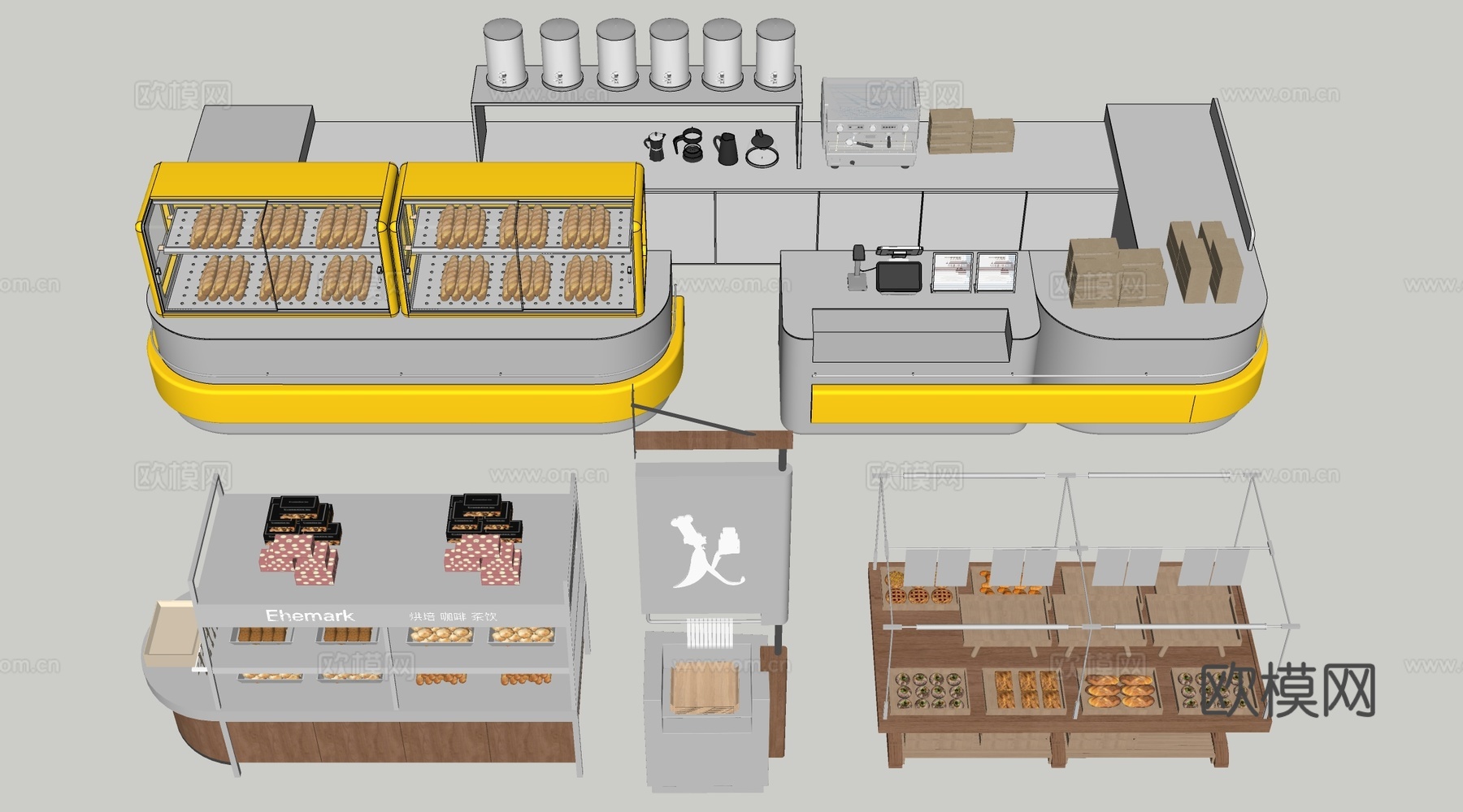 现代咖啡吧台 甜品店货架 收银台 服务台su模型