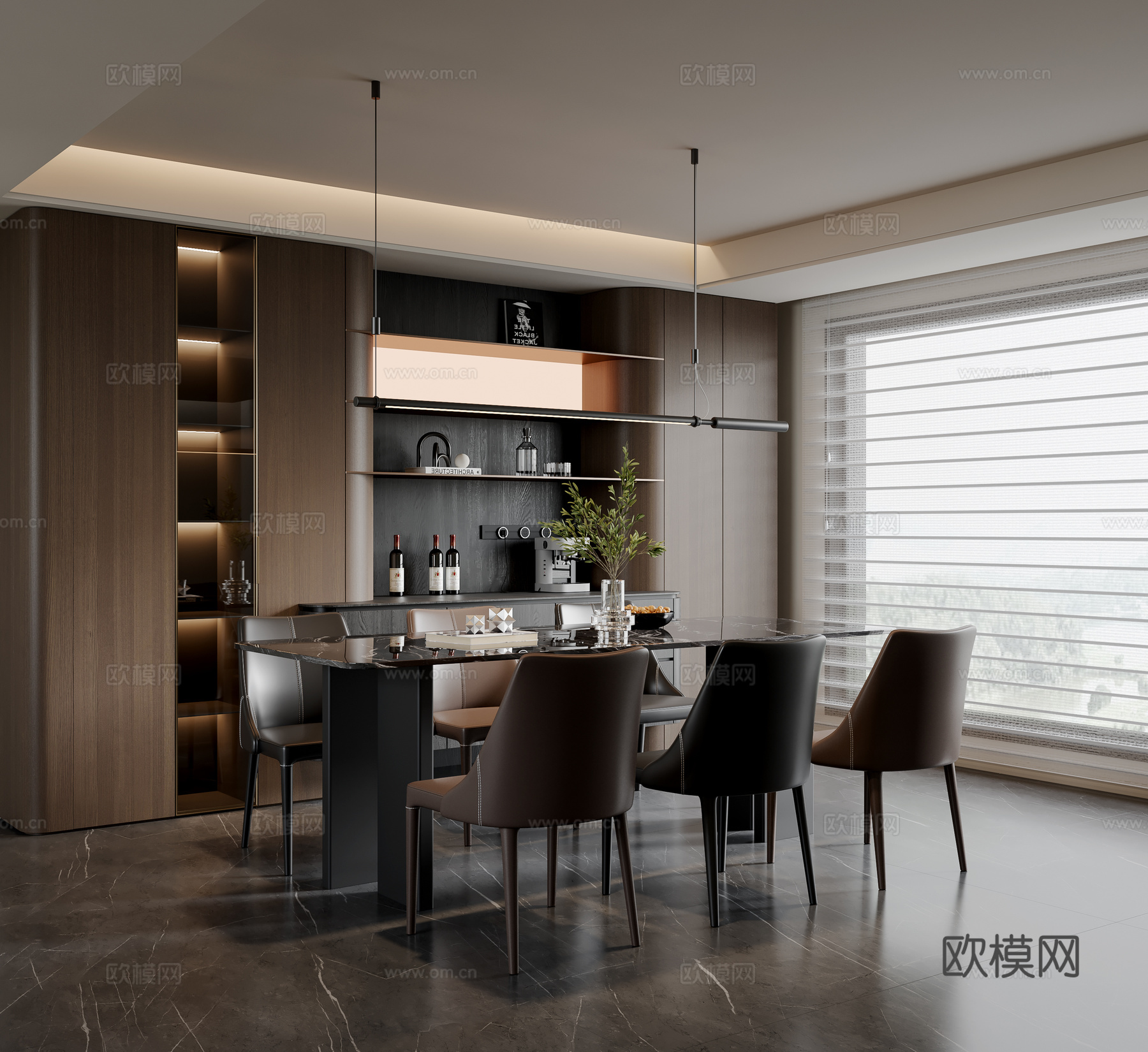 现代意式餐厅 餐桌椅 吊灯 餐边柜 酒柜su模型