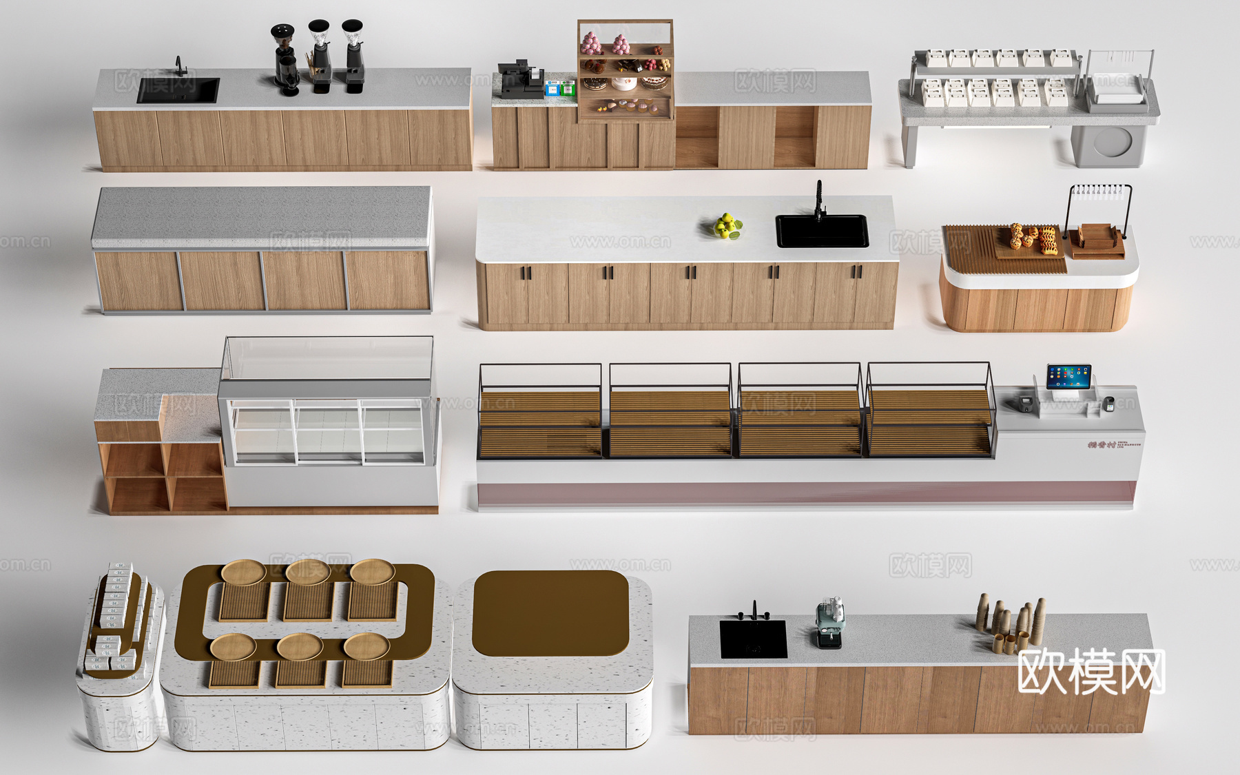 现代咖啡吧台 甜品店货架 收银台 服务台su模型