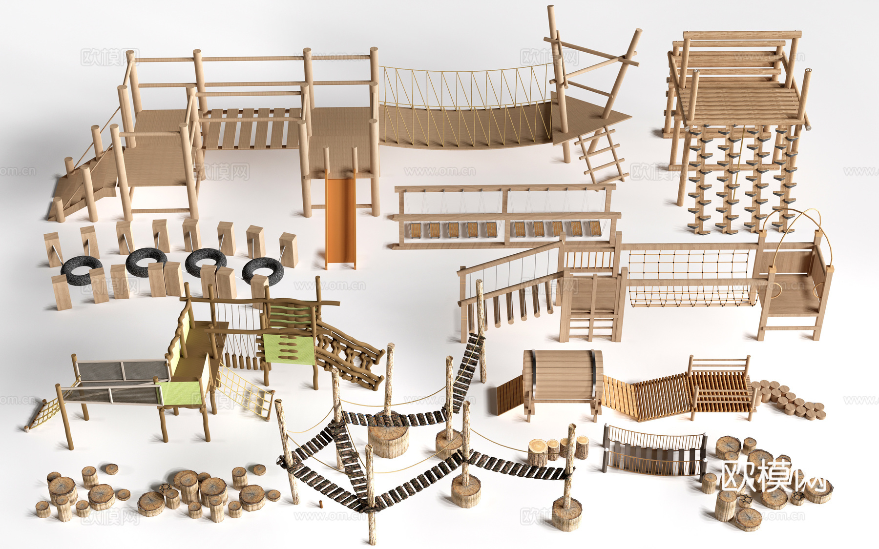 现代户外儿童游乐设施 无动力游乐设施 乡村研学游乐设施su模型