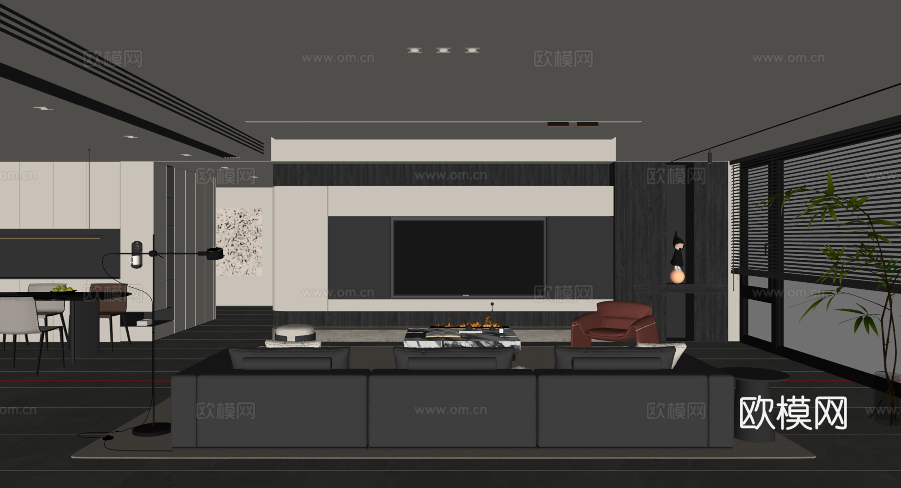 现代简约客厅 沙发茶几 电视背景墙 多人沙发 地毯su模型