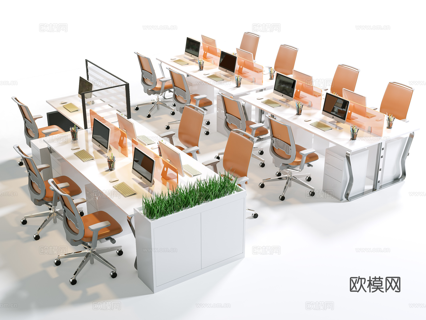 现代办公桌椅 职员工位 电脑桌椅 公共办公桌椅组合su模型