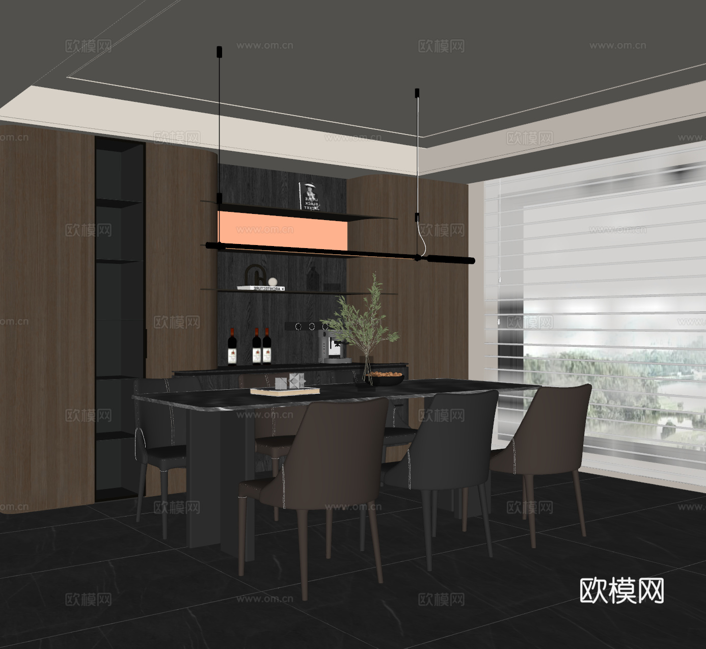 现代意式餐厅 餐桌椅 吊灯 餐边柜 酒柜su模型