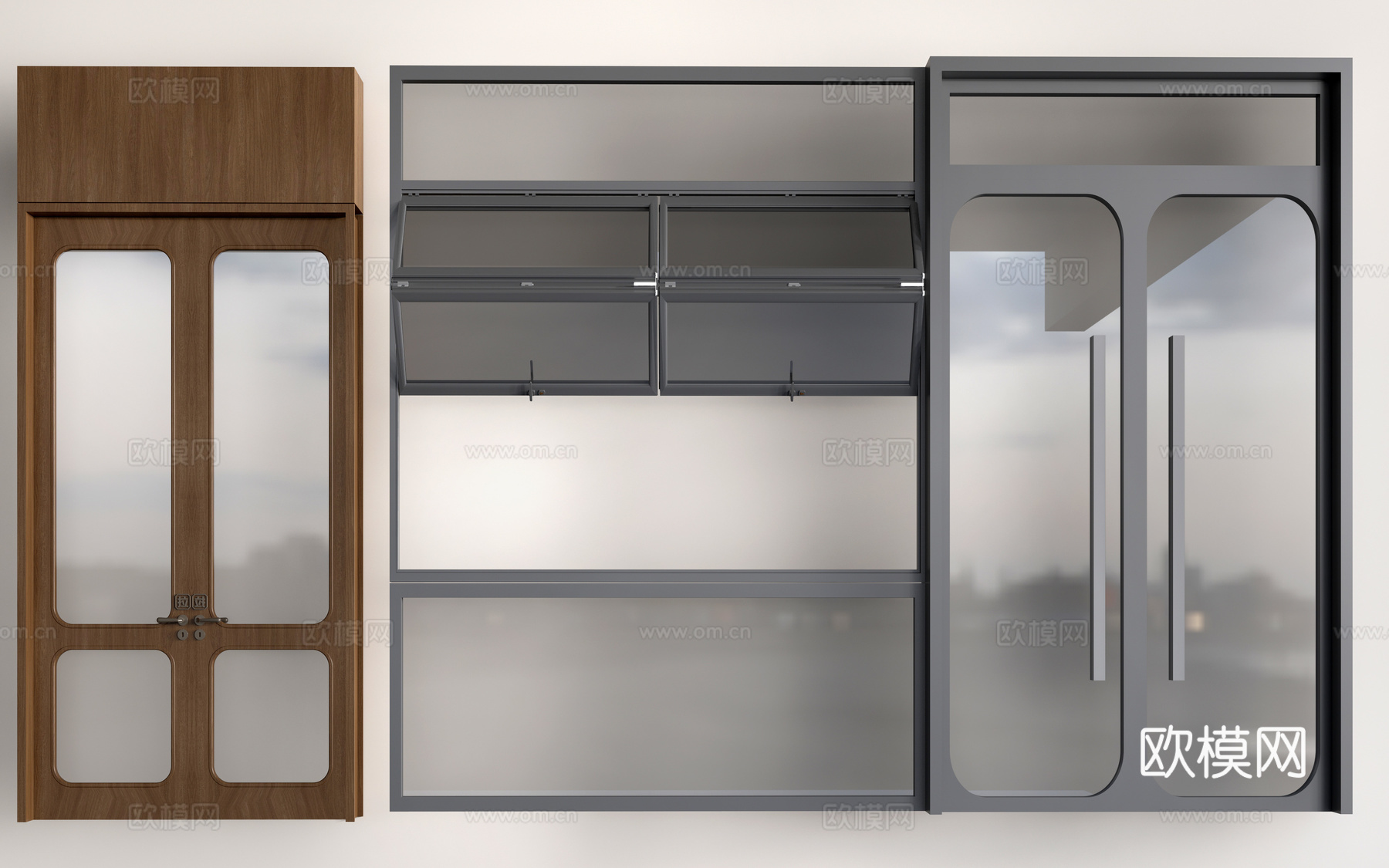 现代店铺玻璃门 咖啡厅门 奶茶店玻璃门 玻璃双开门su模型