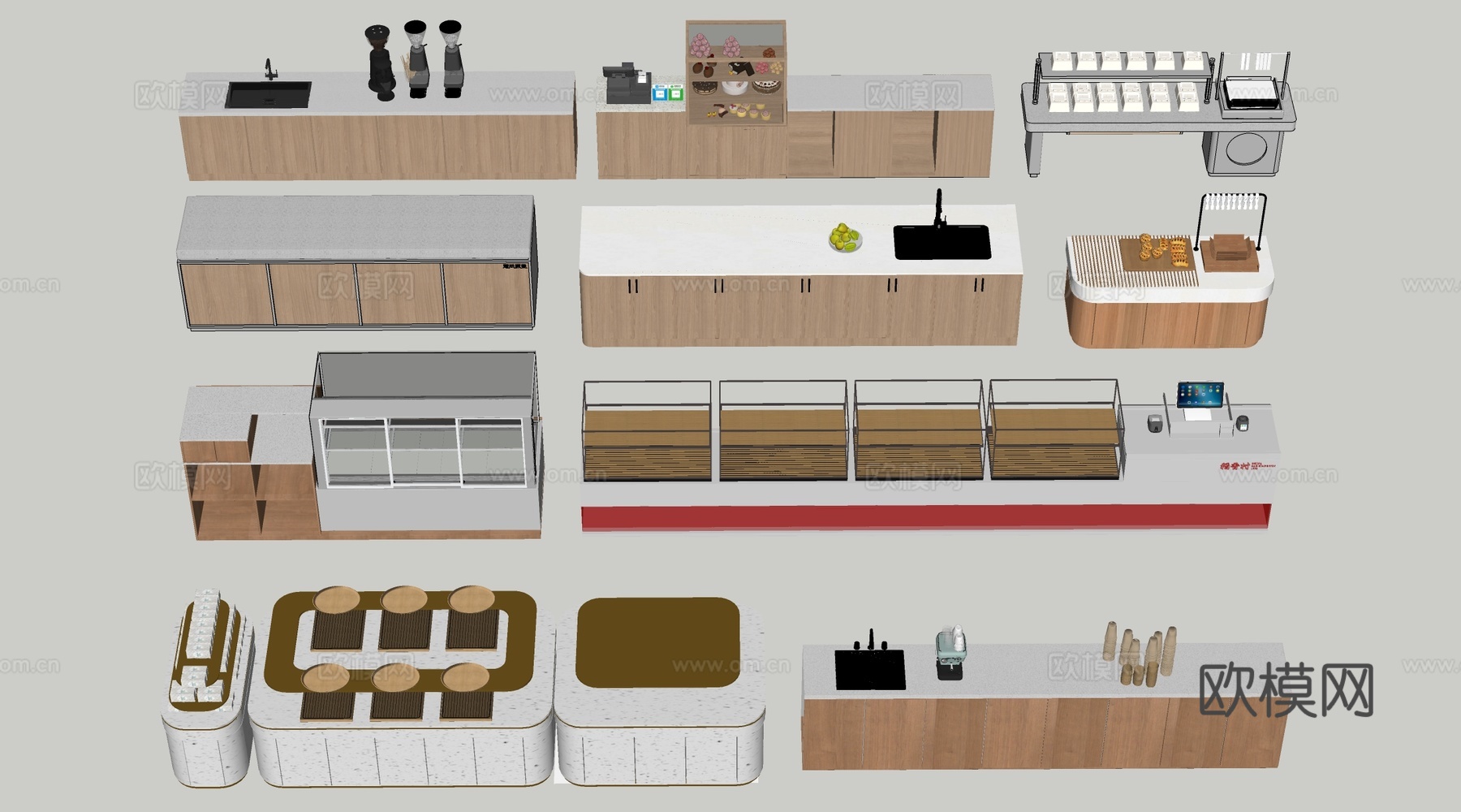 现代咖啡吧台 甜品店货架 收银台 服务台su模型