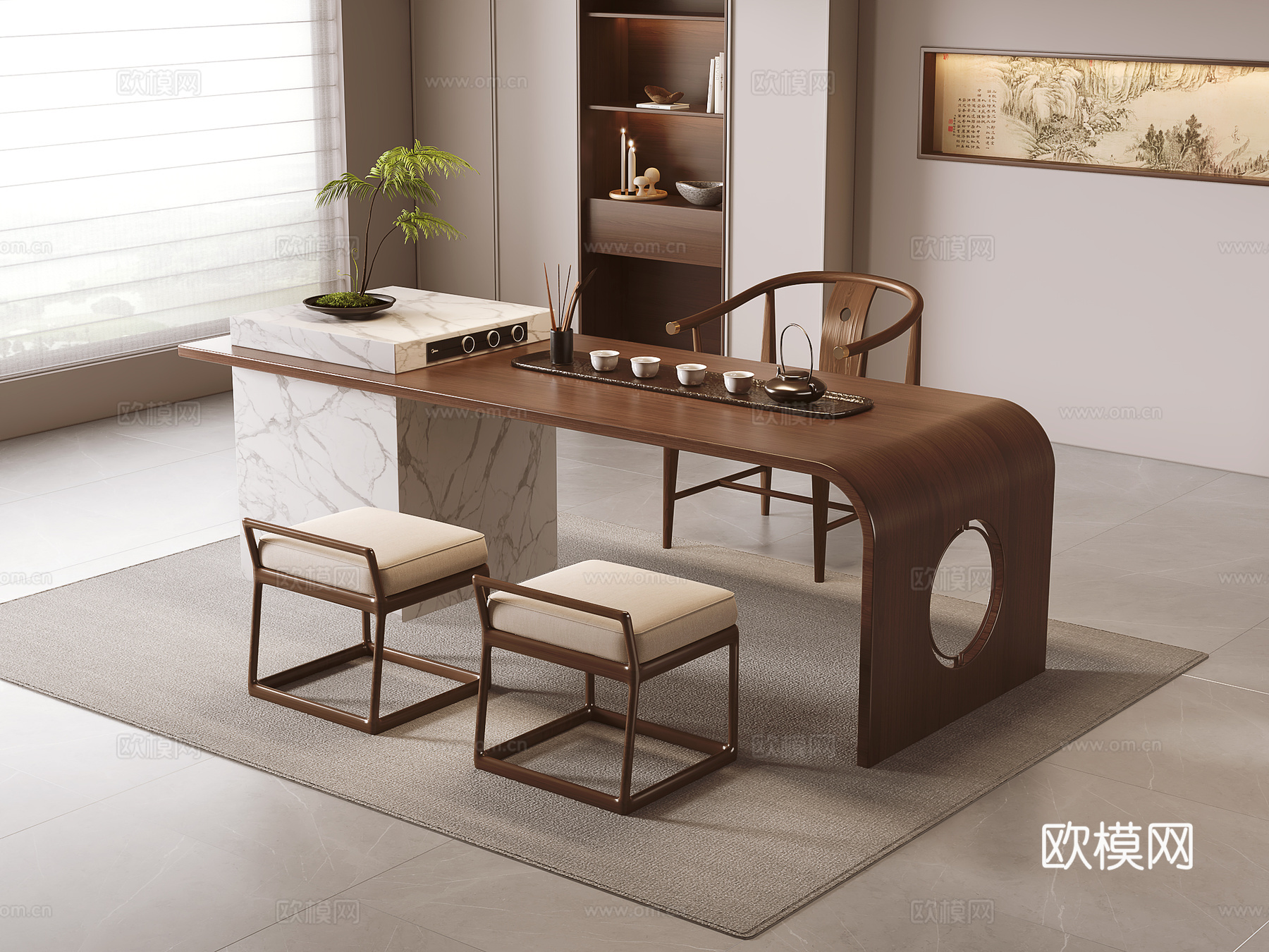 新中式茶桌椅su模型