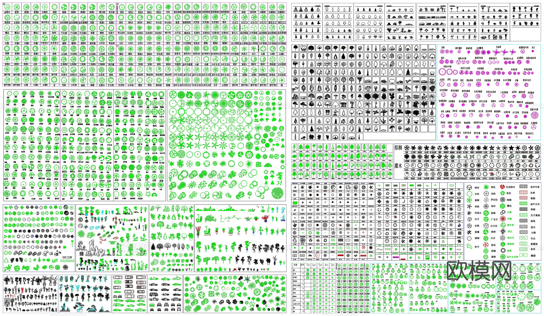 常用园林植物苗木图例盆栽人物车辆CAD素材图库cad施工图cad施工图