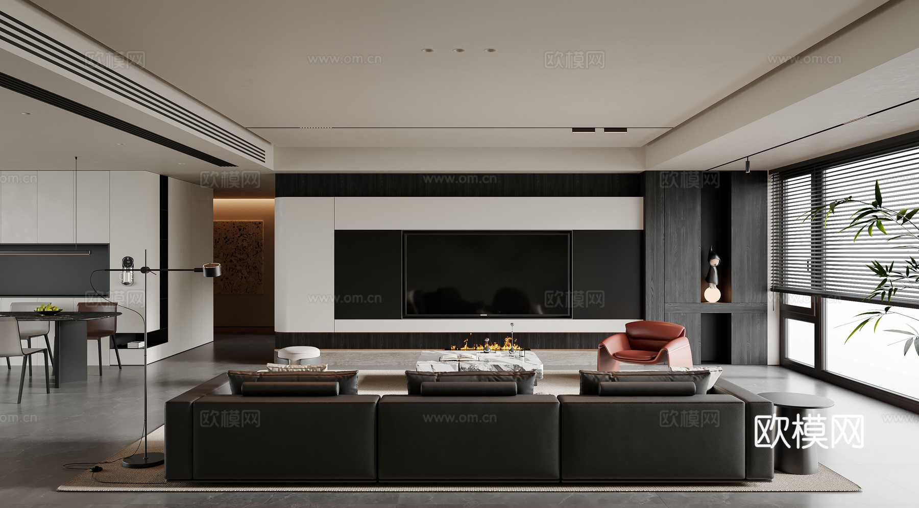 现代简约客厅 沙发茶几 电视背景墙 多人沙发 地毯su模型