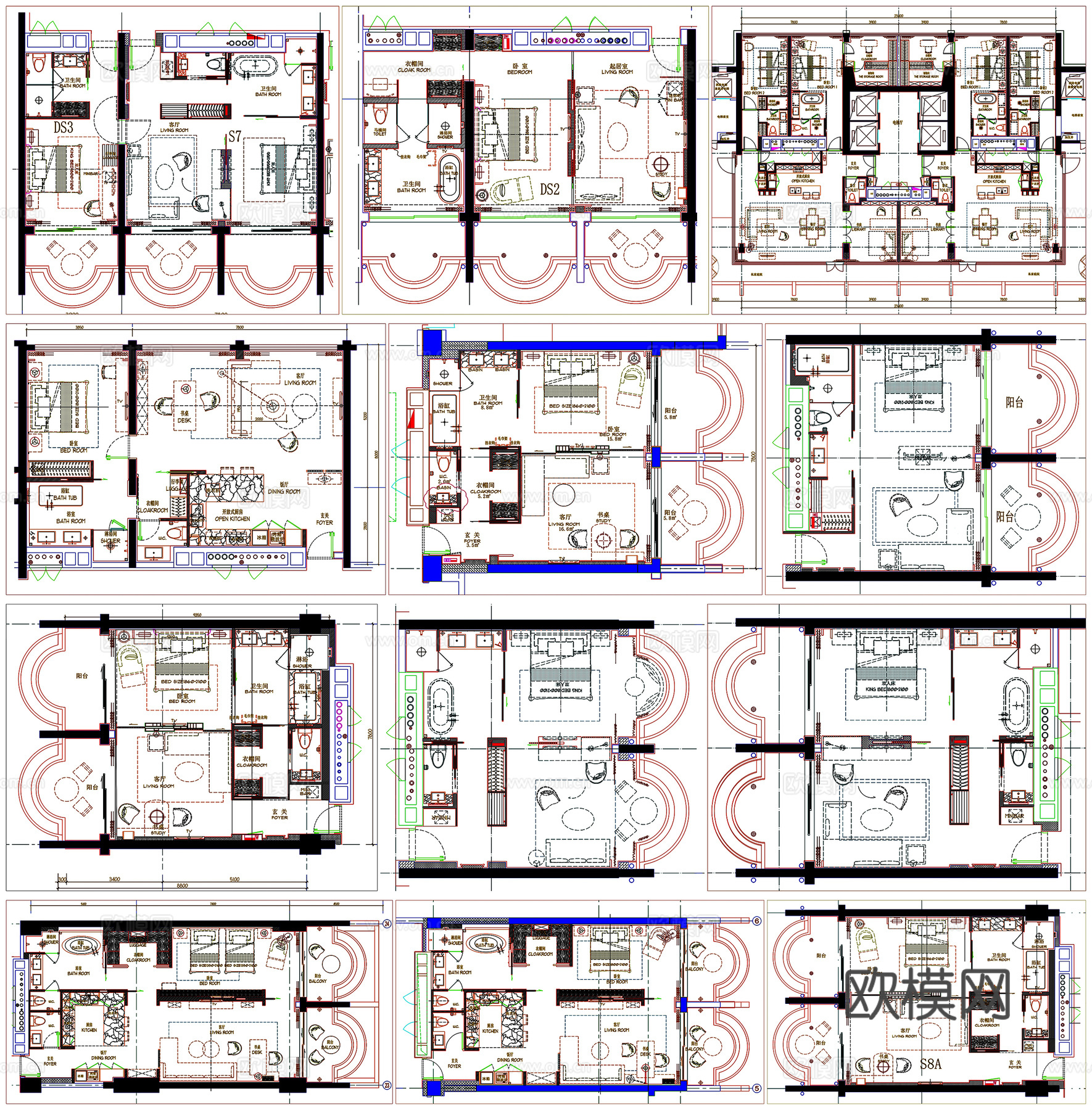 公寓套房平面图户型优化平面布置家具布局图方案CAD素材图库cad施工图