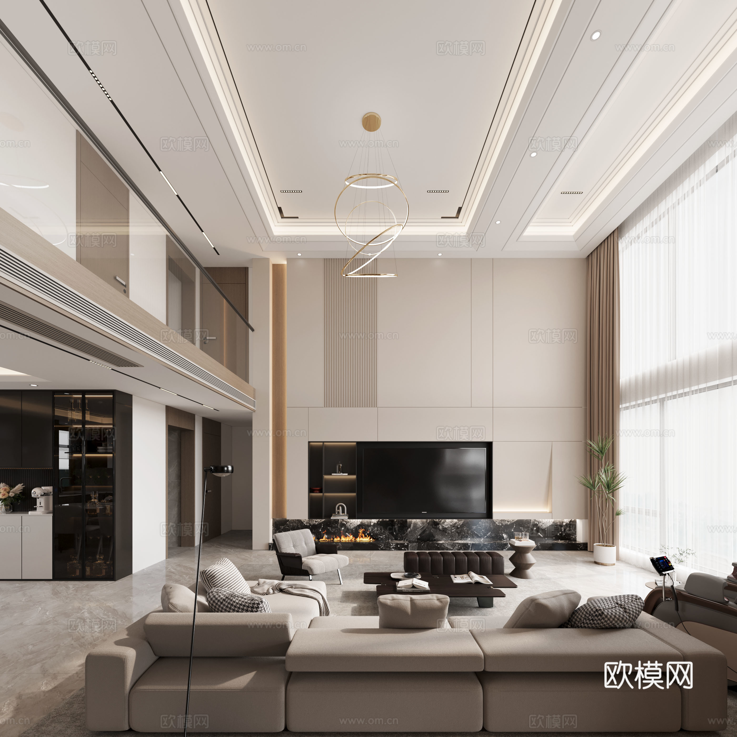 别墅客餐厅 挑空客餐厅3d模型下载（渲染图1）