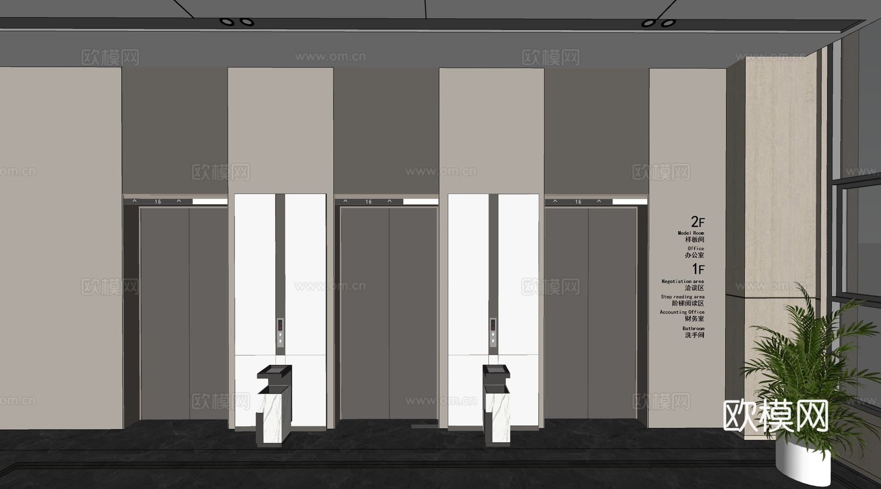 现代电梯厅 电梯门 电梯间su模型