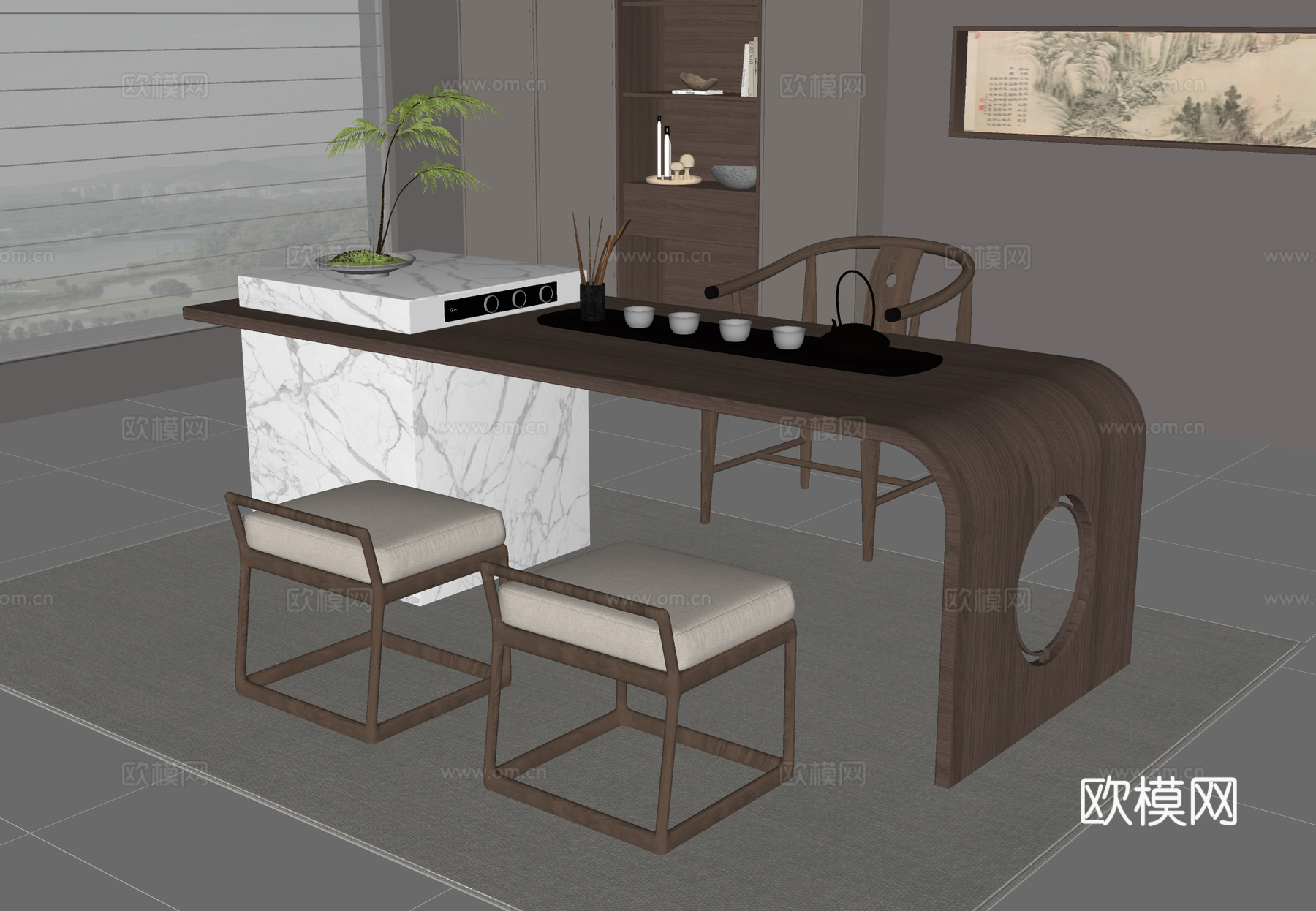 新中式茶桌椅su模型