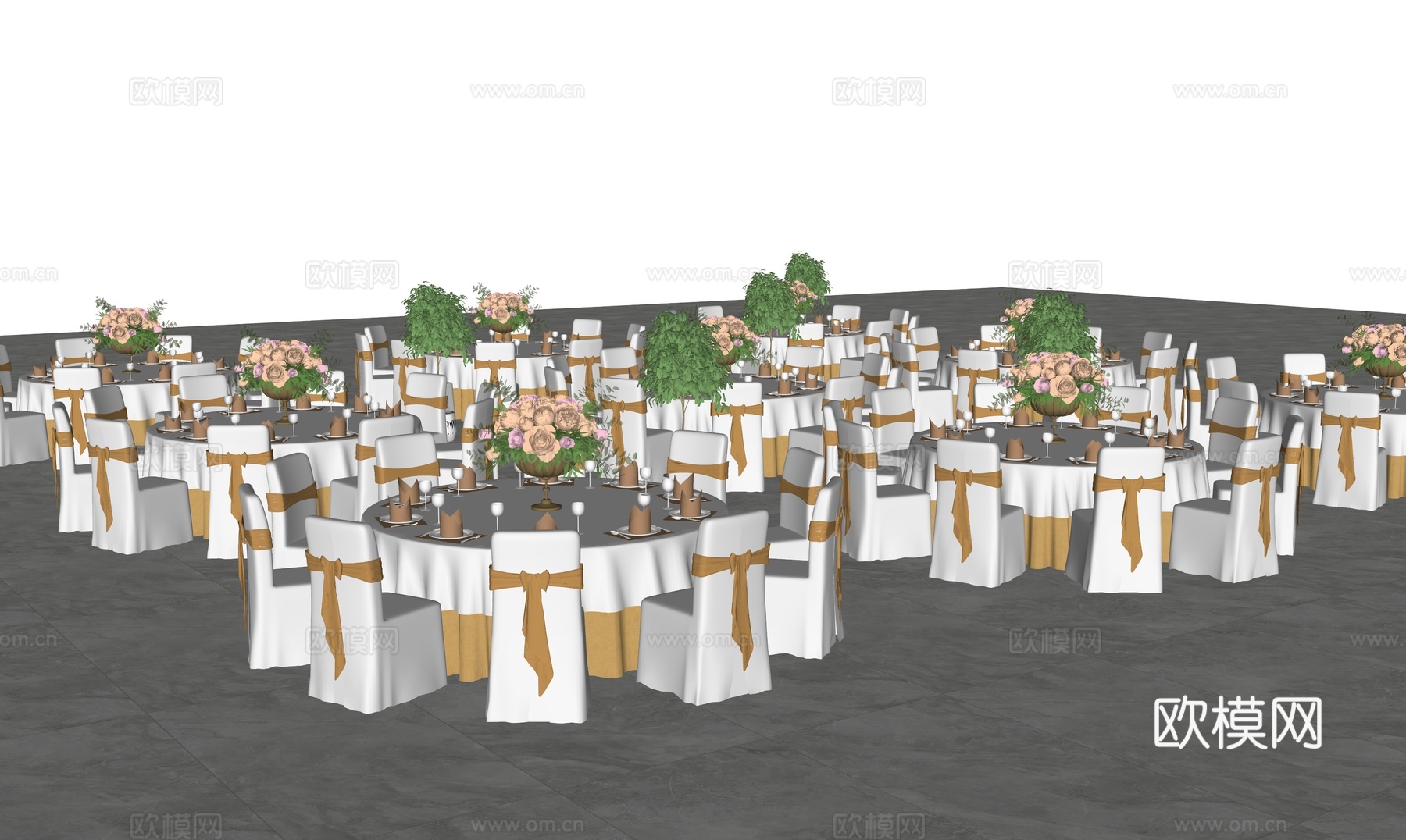 现代宴会厅_宴会桌椅组合_宴会厅圆桌_婚礼宴会厅_宴会桌椅_su模型