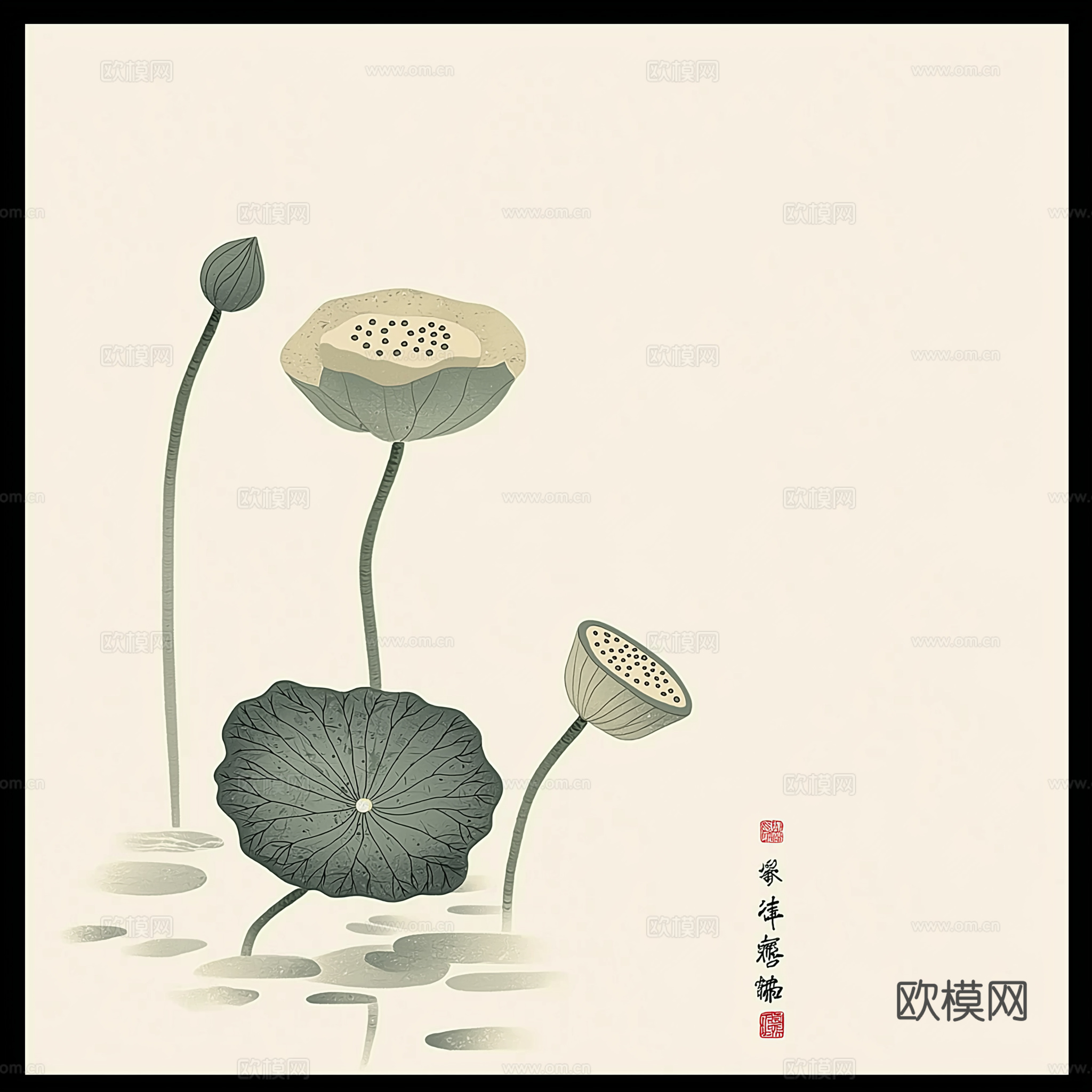 高清中式荷叶莲花水墨画下载