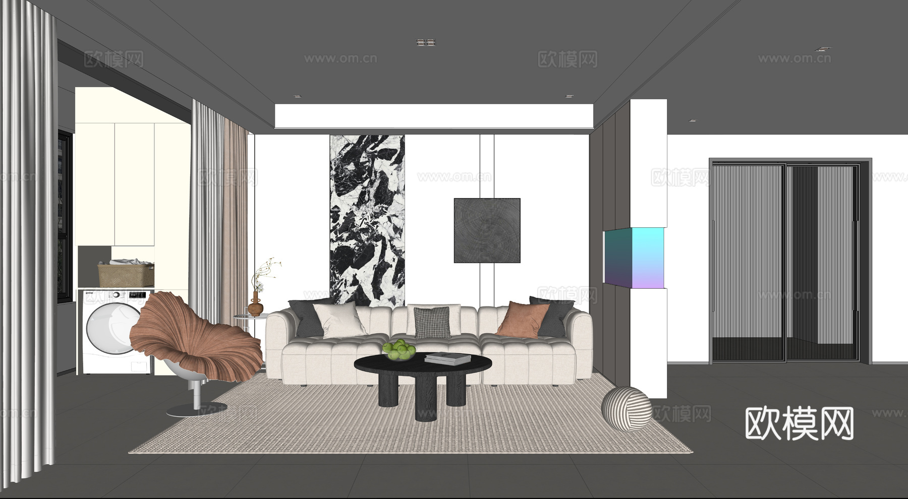 客餐厅，餐厅，客厅，奶油风，软装配饰su模型